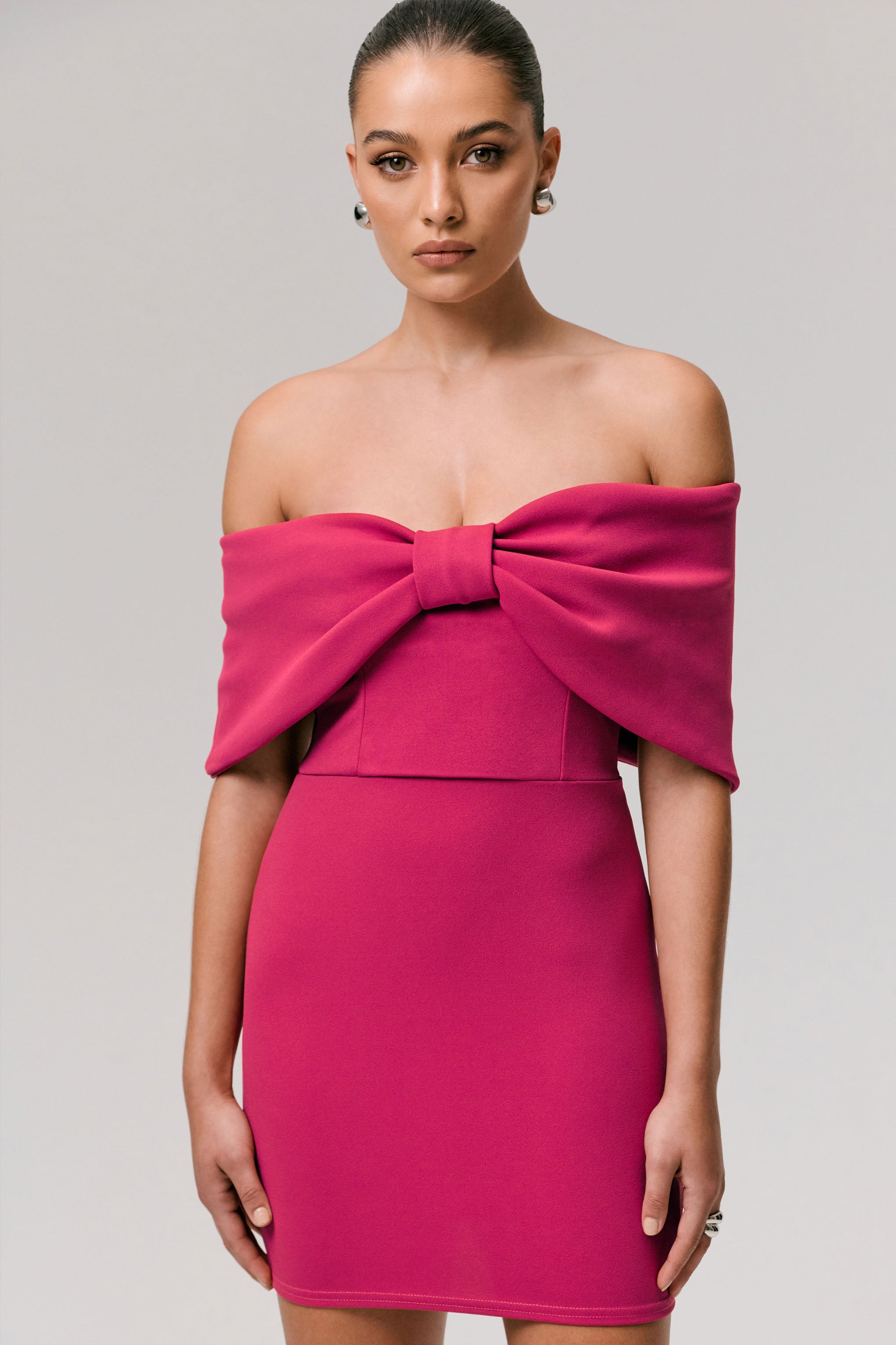 Sadie | Sıcak Pembe Kemerli Bardot Mini Elbise