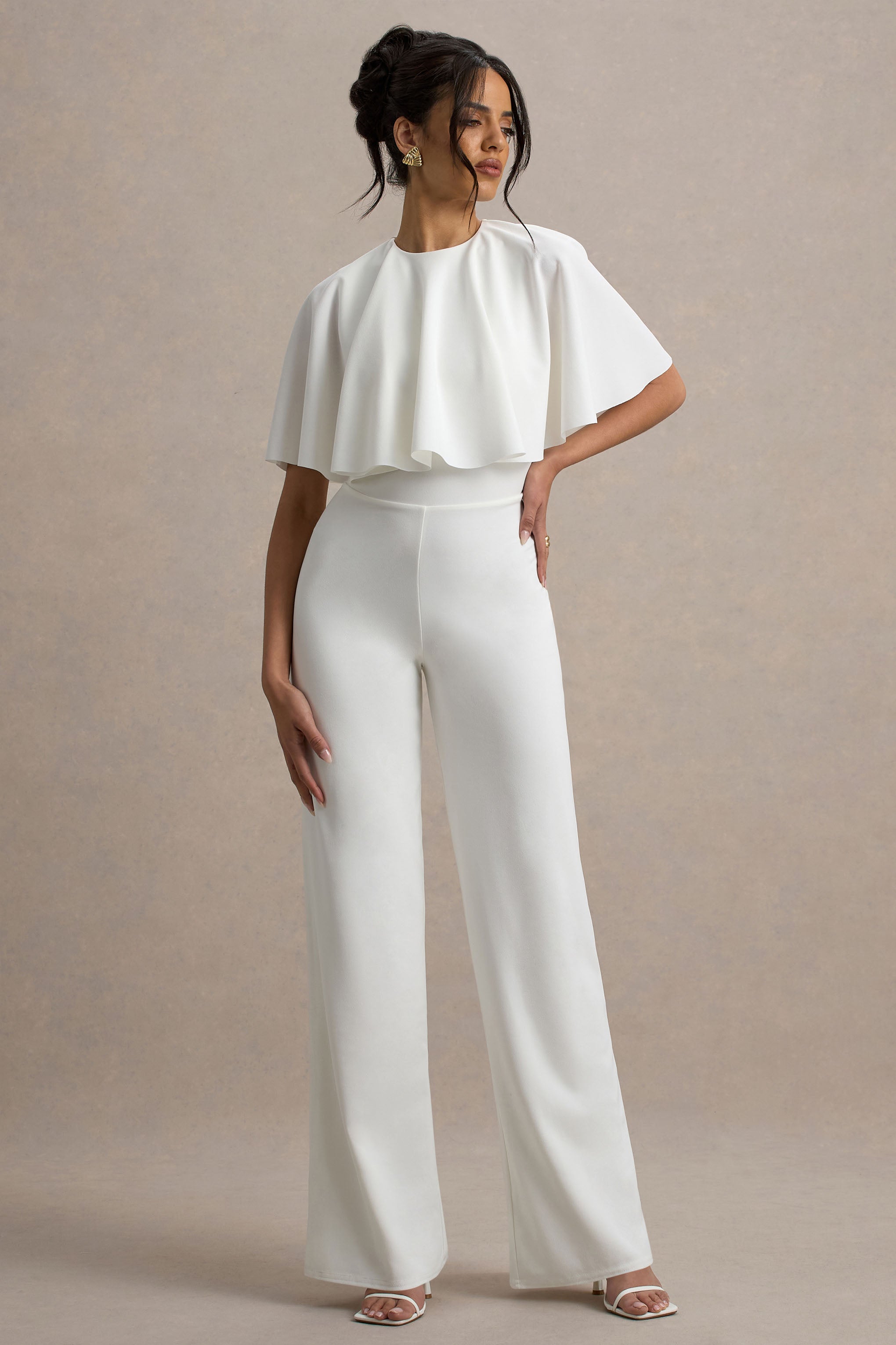 Leanna | Beyaz Düz Paça Jumpsuit Pelerin ile