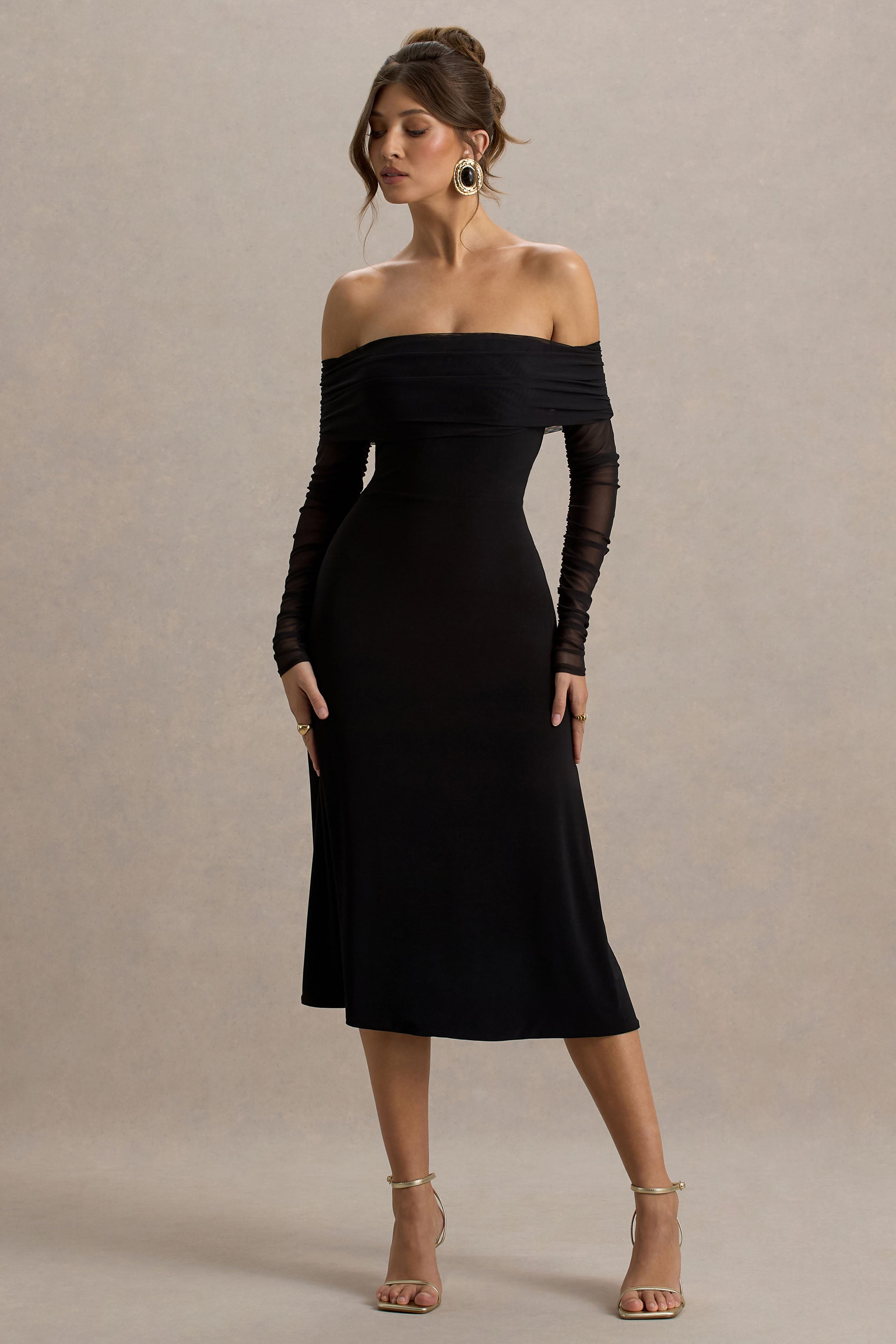 Flatter Me | Siyah Bardot Midi Elbise, File Kollar