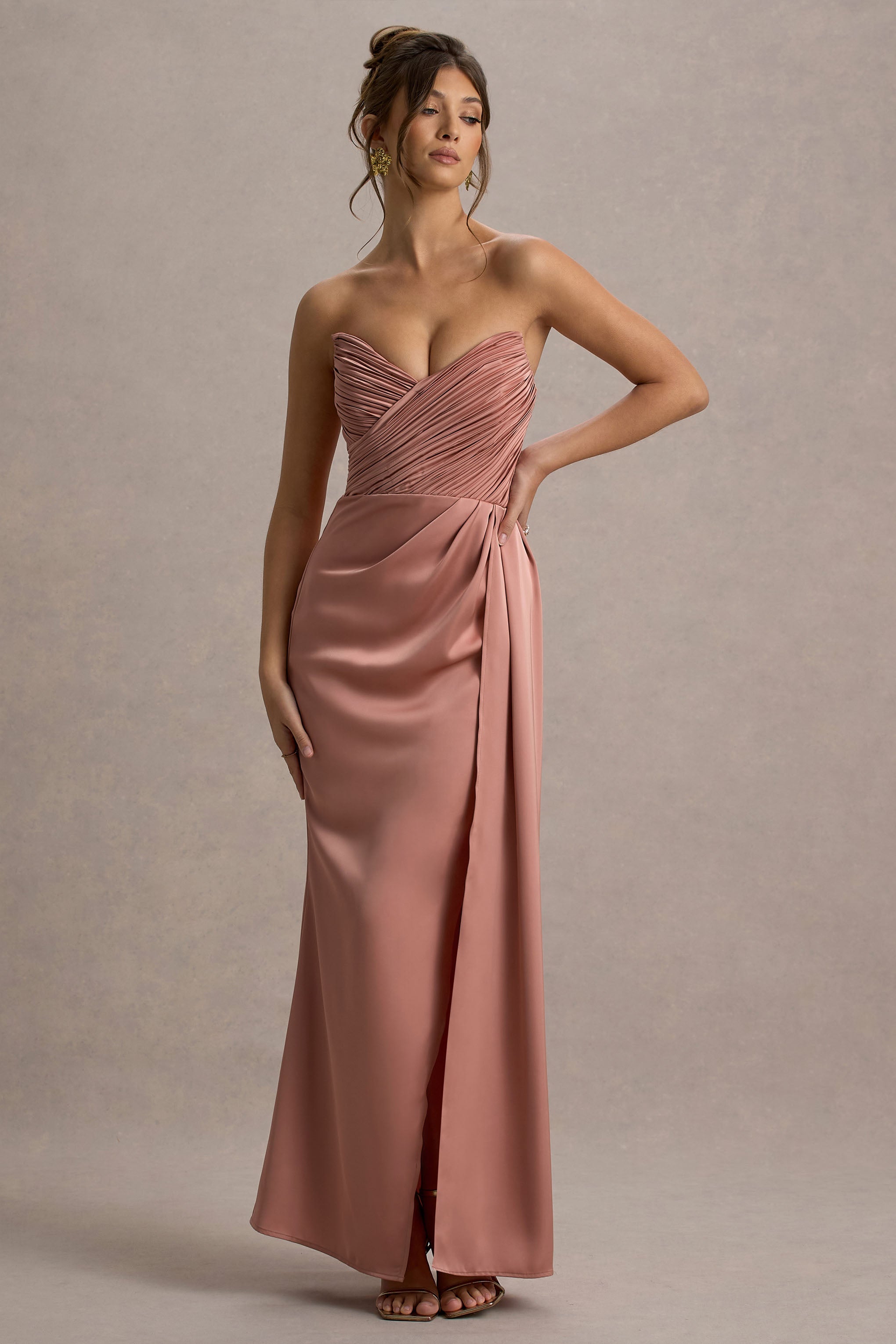Edel | Pembe Saten Straplez Maxi Elbise