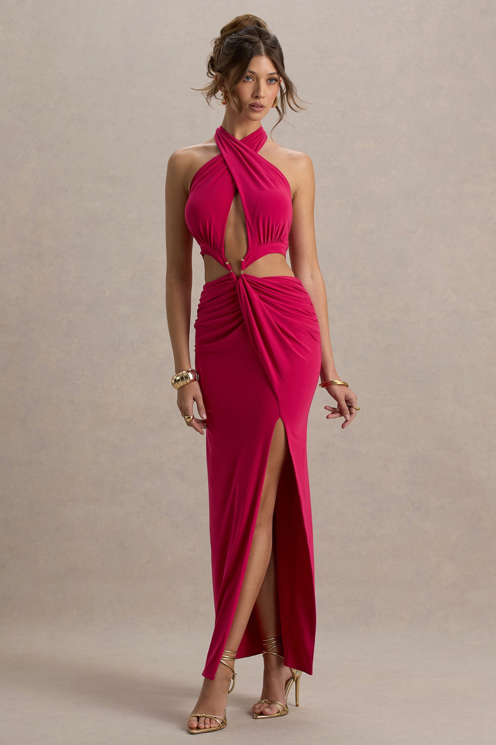 Aura | Sıcak Pembe Halter Yaka Kesik Maxi Elbise