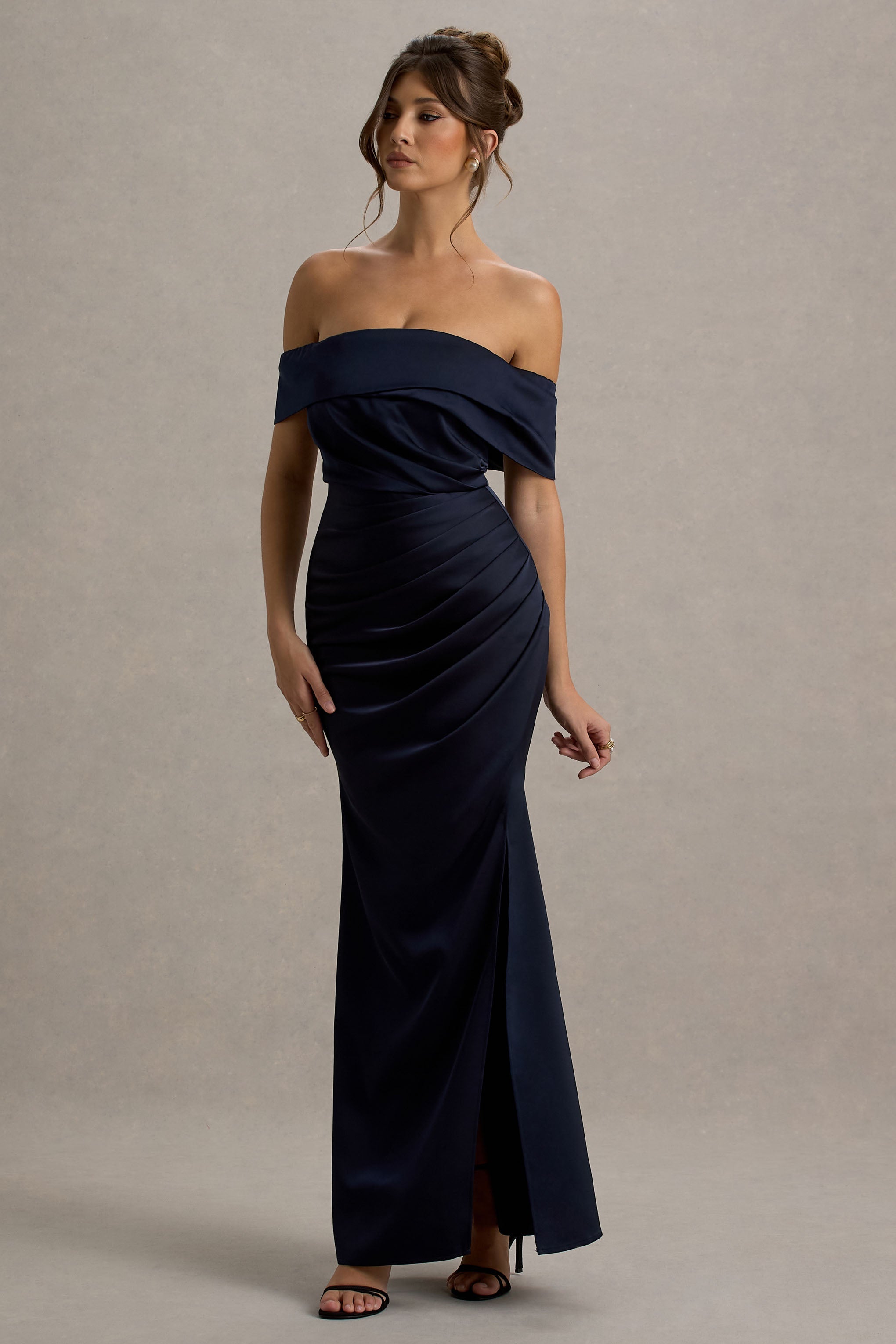 Martine | Lacivert Saten Bardot Sarma Maxi Elbise