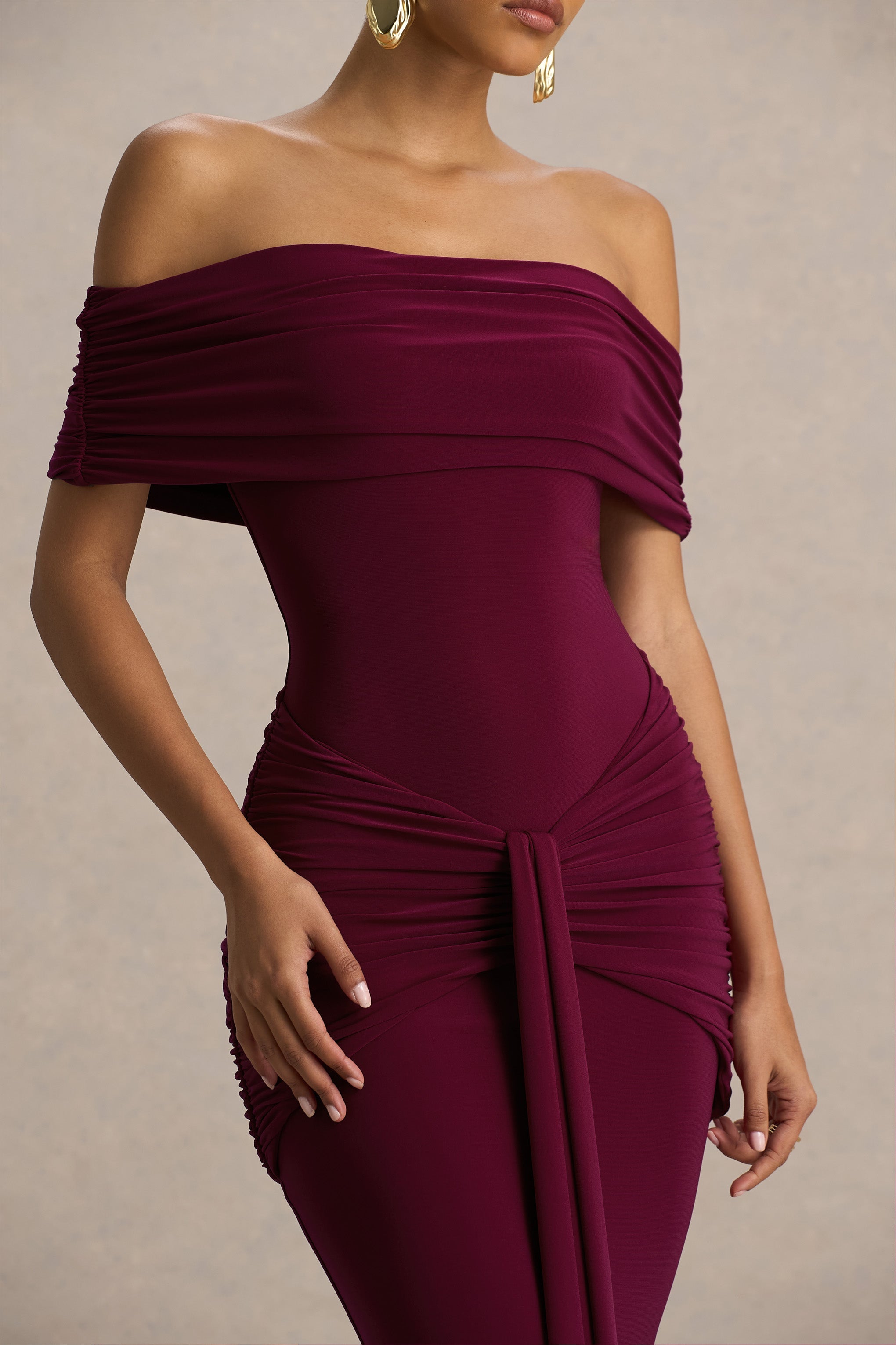 Hayal Edilen | K gathered ve Drape Detaylı Bordo Bardot Yaka Maxi Elbise