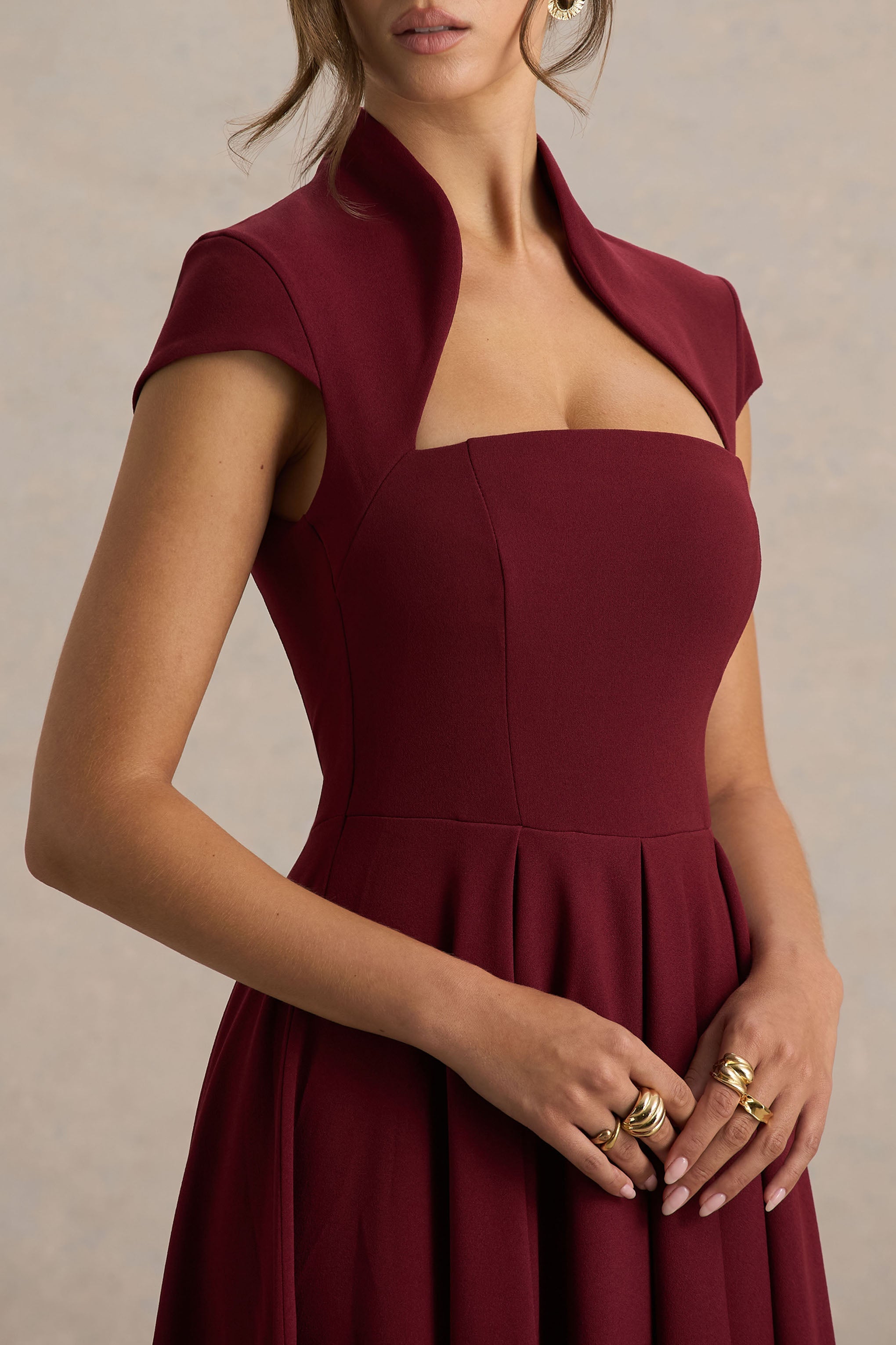 Scarlett | Bordo Asimetrik Yaka Maxi Elbise