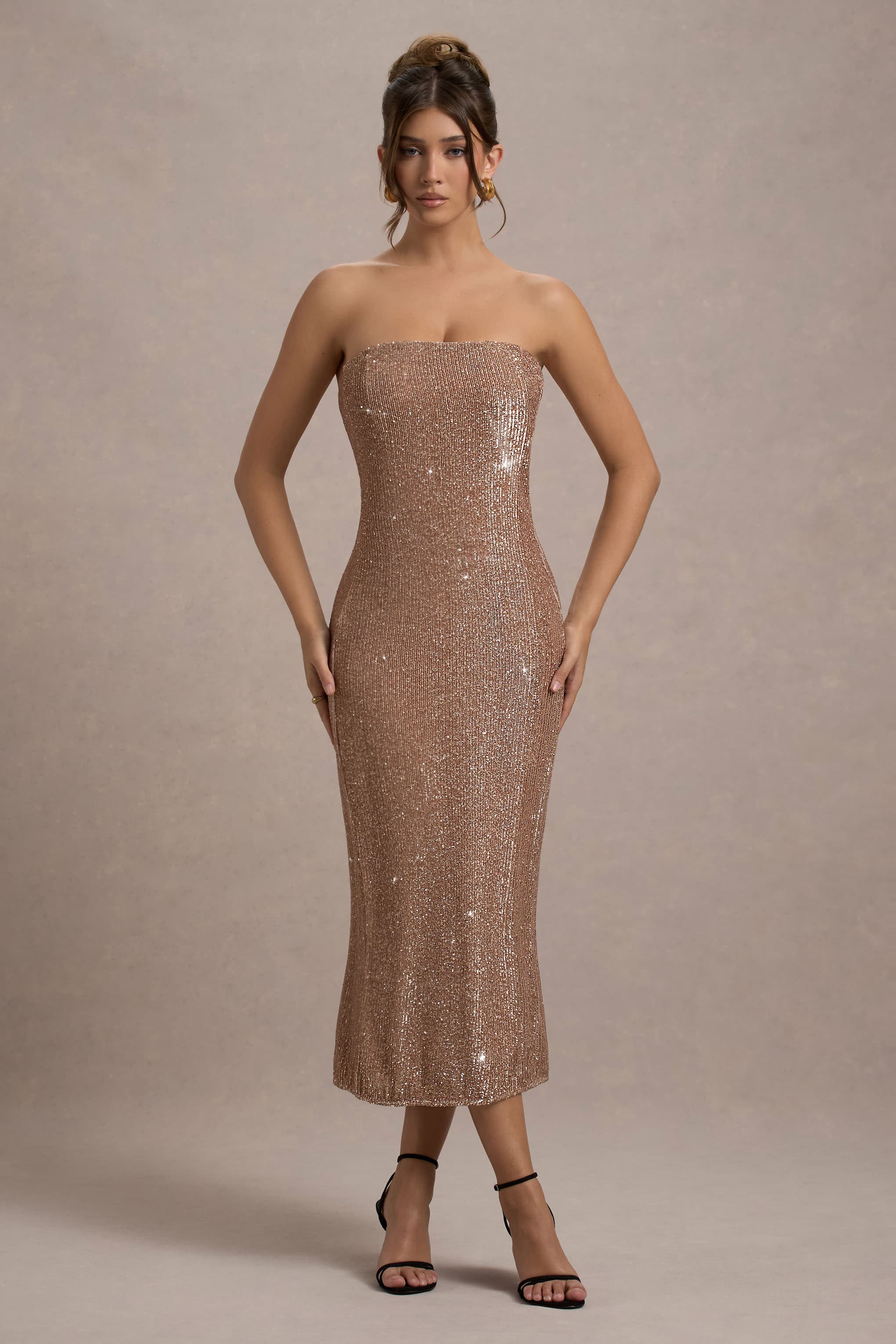 Lilabelle | Pembe Altın Plise Payet Bandeau Midi Elbise