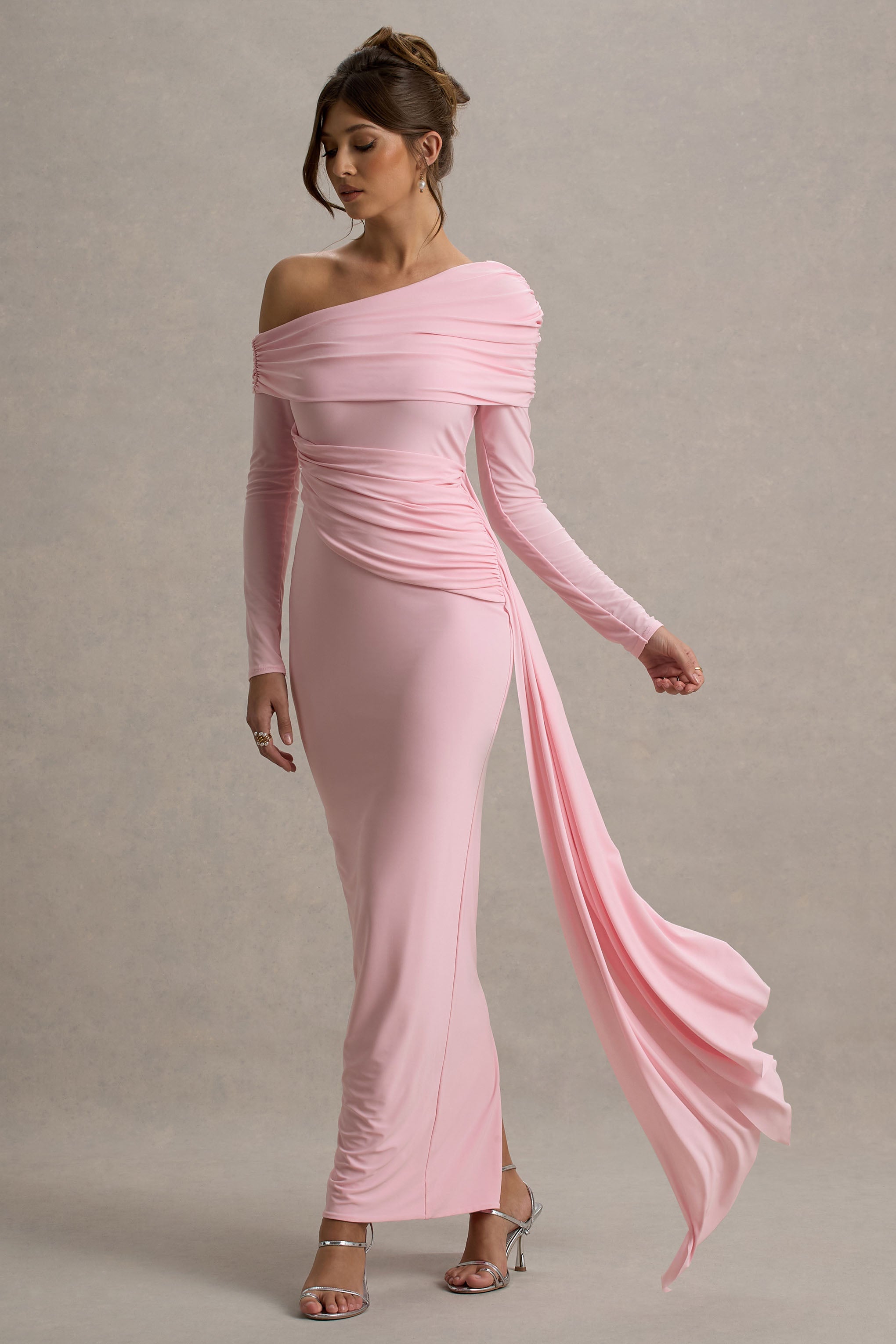 Valina | Drapeli Pembe Asimetrik Maxi Elbise