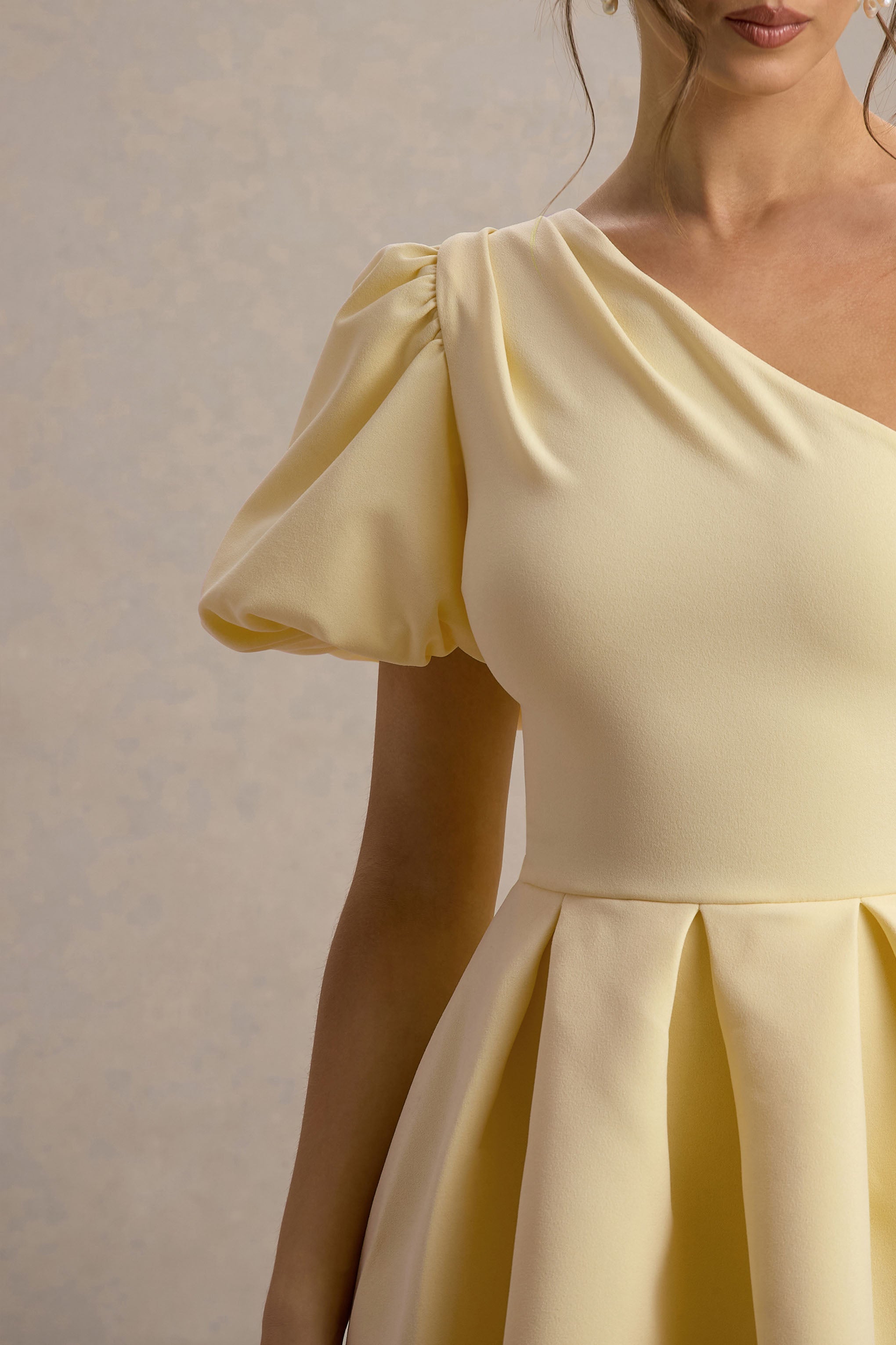 Rochelle | Soluk Limon Asimetrik Puff-Sleeve Midi Elbise
