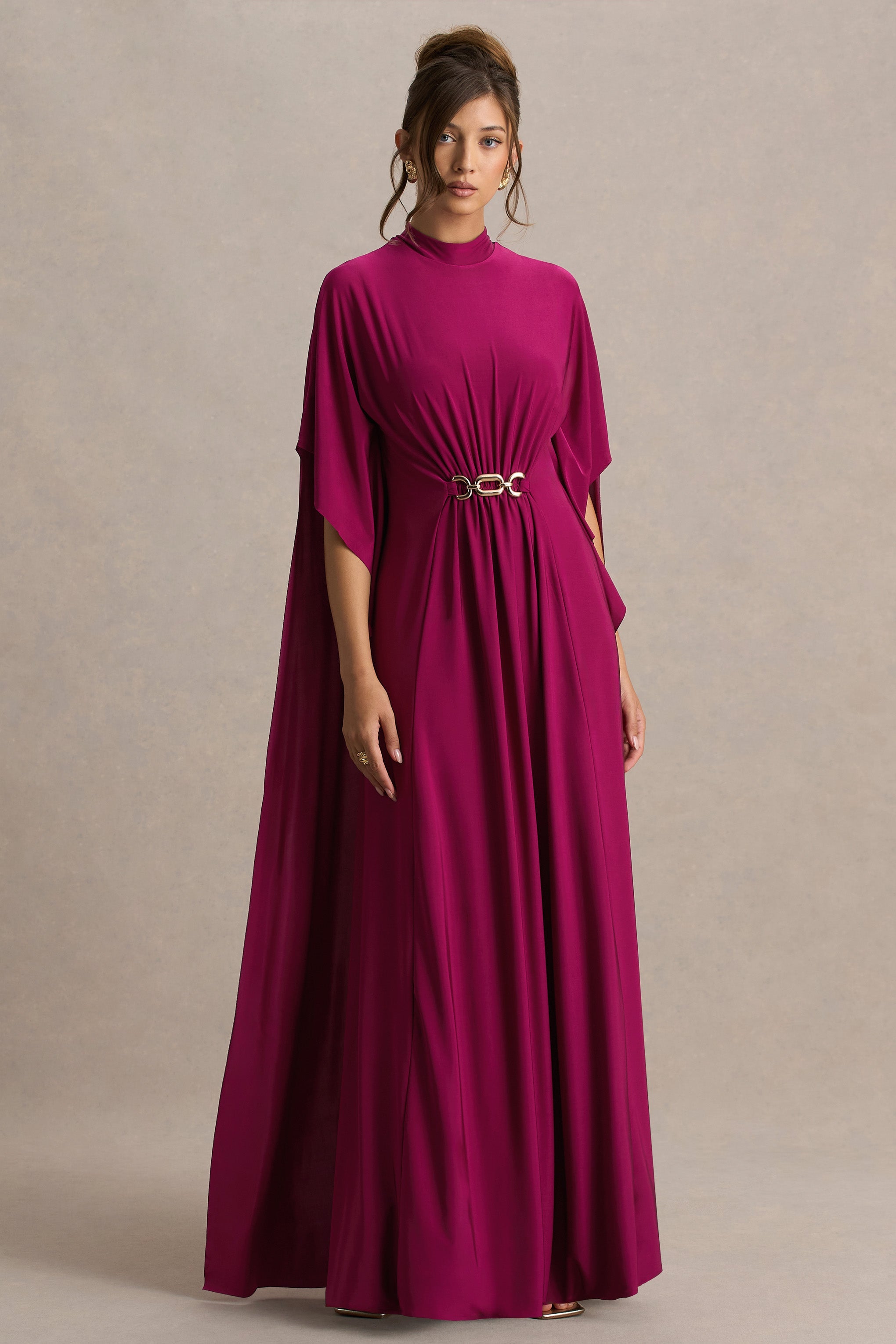 Olessia | Bordo Kemerli K gathered Kol Maxi Elbise