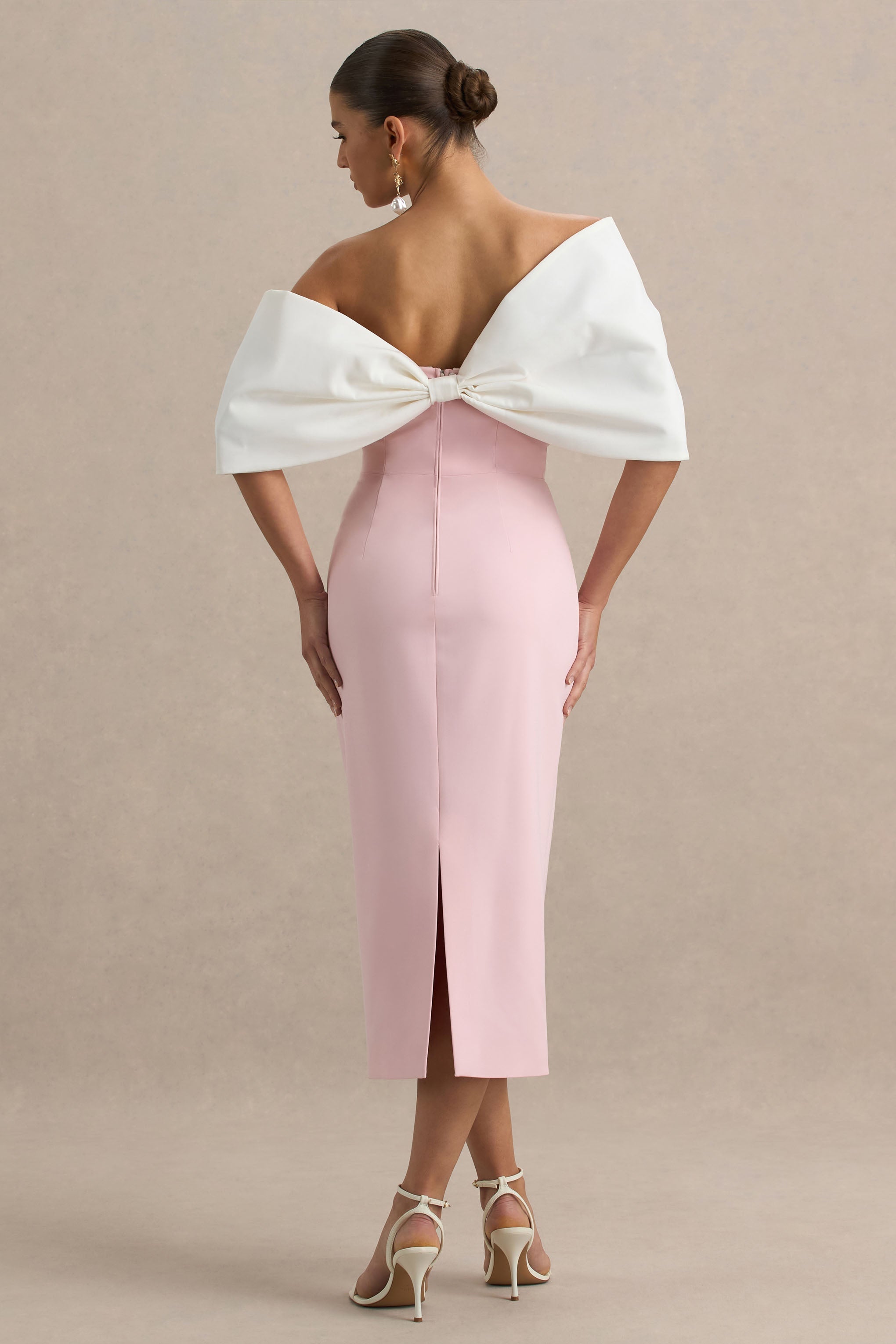 Lucille | Pembe ve Beyaz Asimetrik Bardot Midi Elbise
