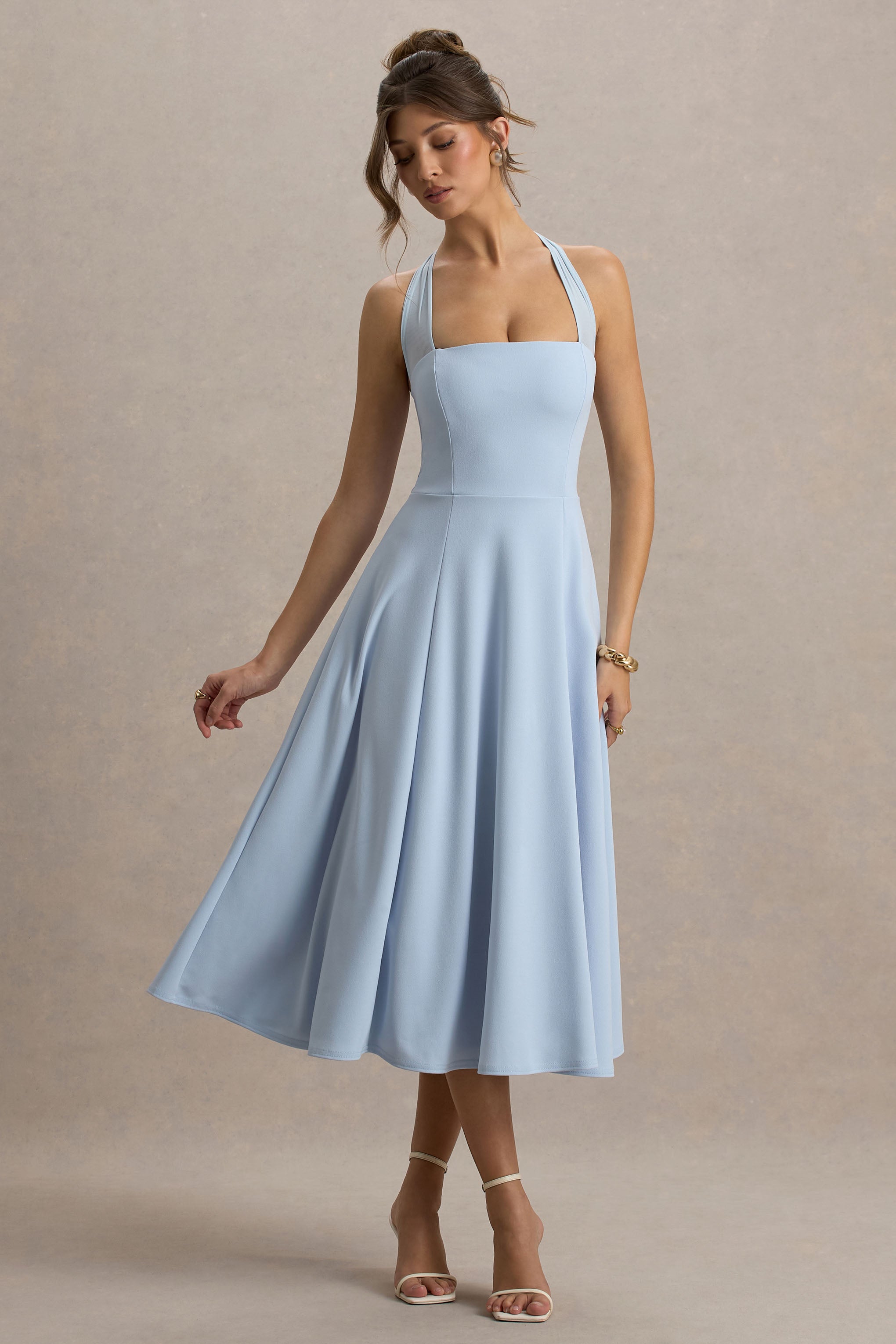 Auburn | Pudra Mavi Halter Yaka Midi Elbise