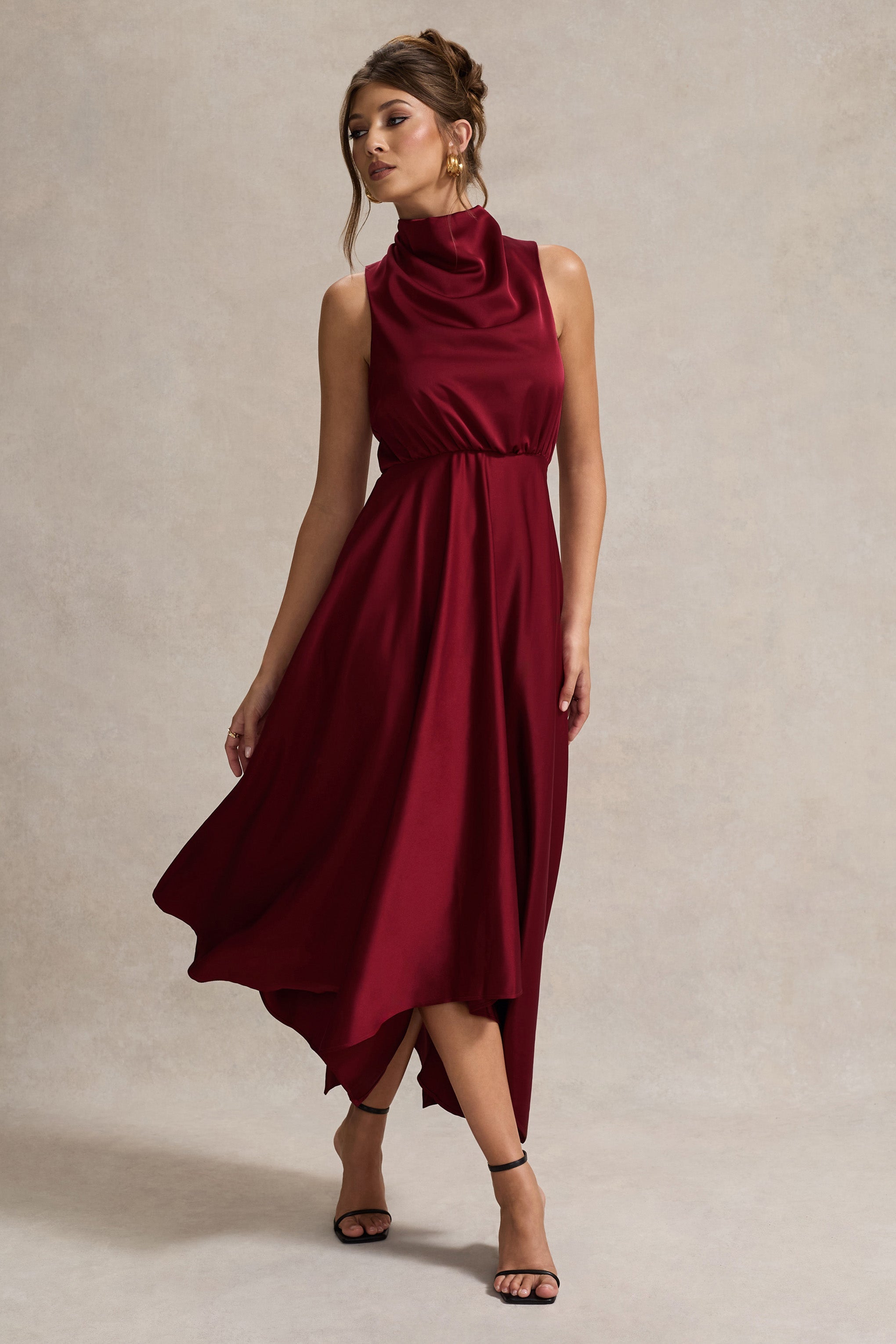 Kerri | Berry Saten Cowl-Neck Maxi Elbise