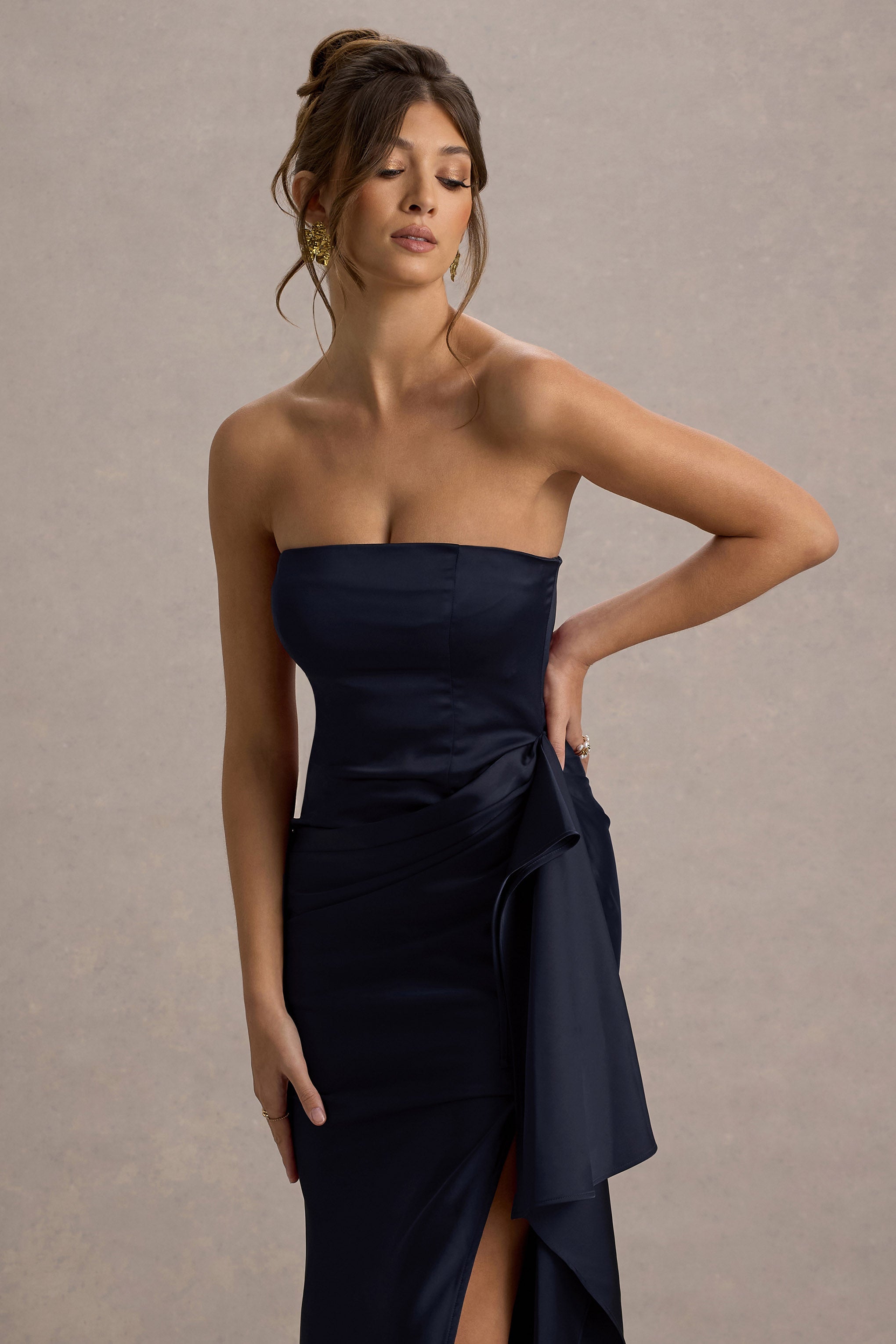 Loz | Lacivert Saten Bandeau Drapeli Maxi Elbise