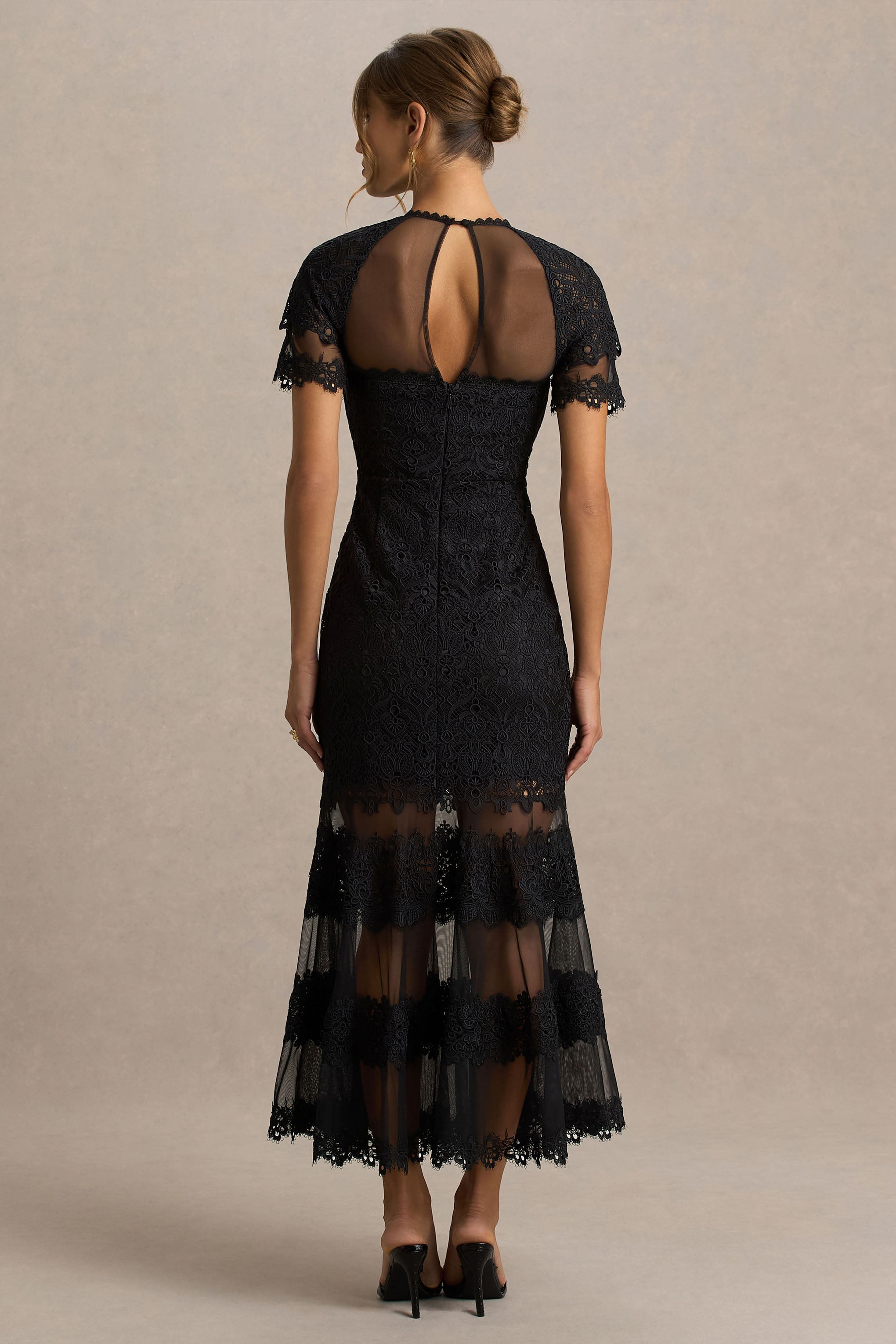 Leanne | Siyah File ve Dantel Yaka Detaylı Fishtail Midi Elbise