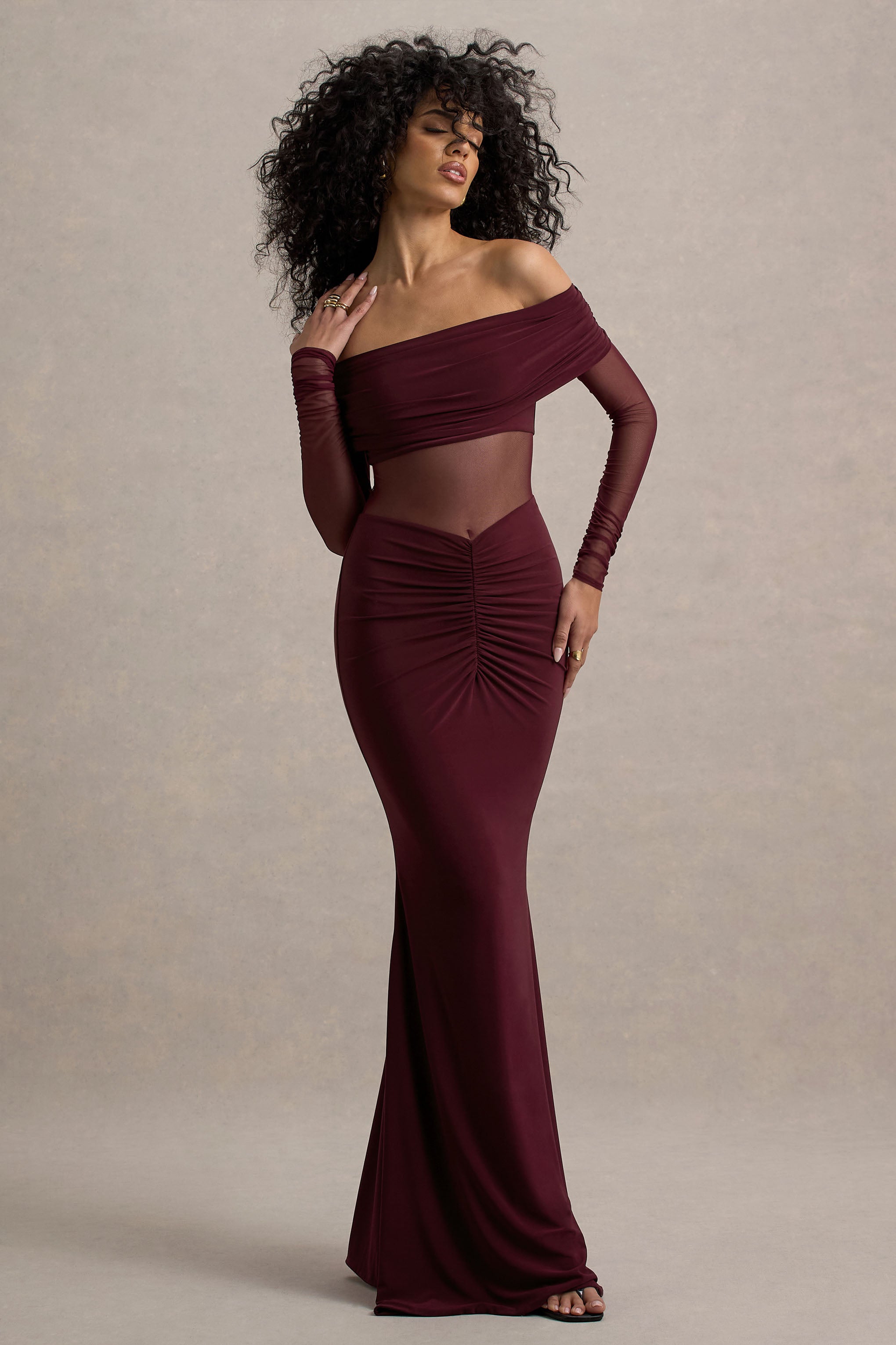 Ismeralda | Bordo File Detaylı Ruched Bardot Maxi Elbise