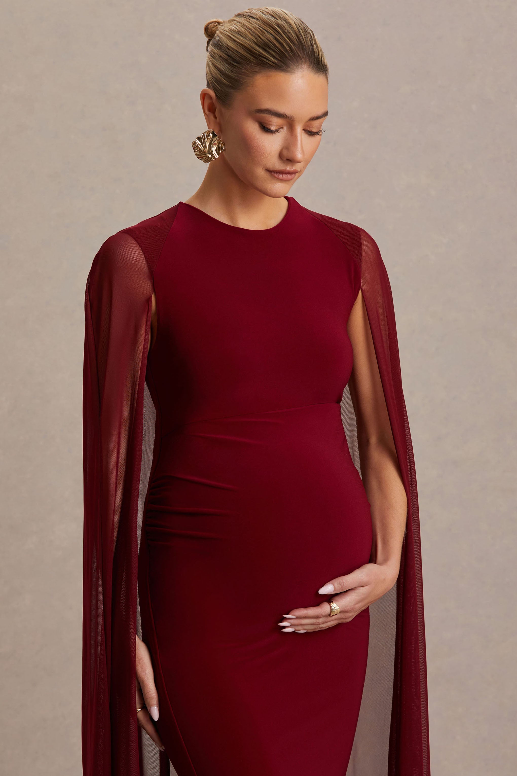 Kızılcık | Pelerinli Yüksek Yaka Maxi Elbise