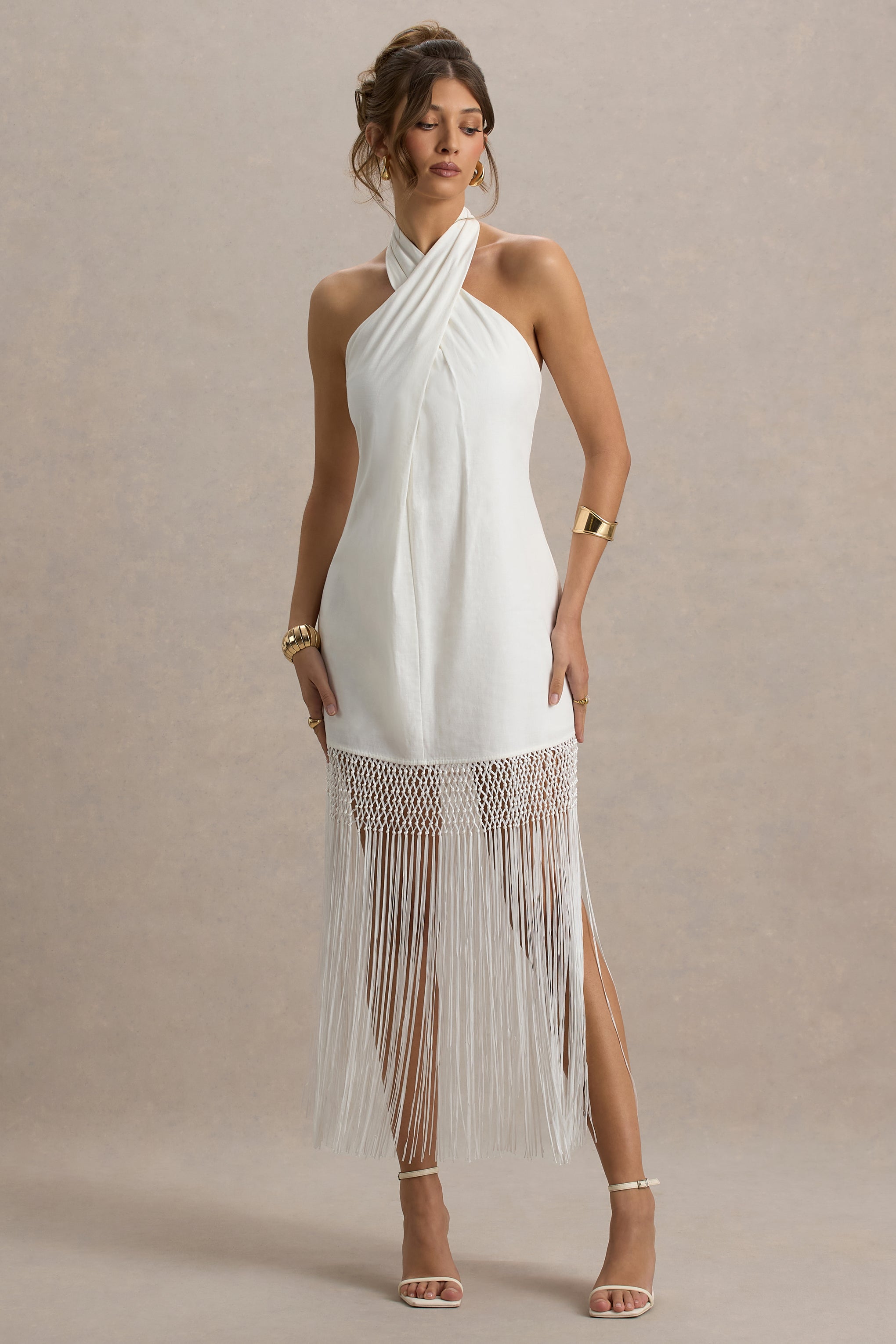 Fiametta | Ecru Keten Halter Yaka Fringed Maxi Elbise