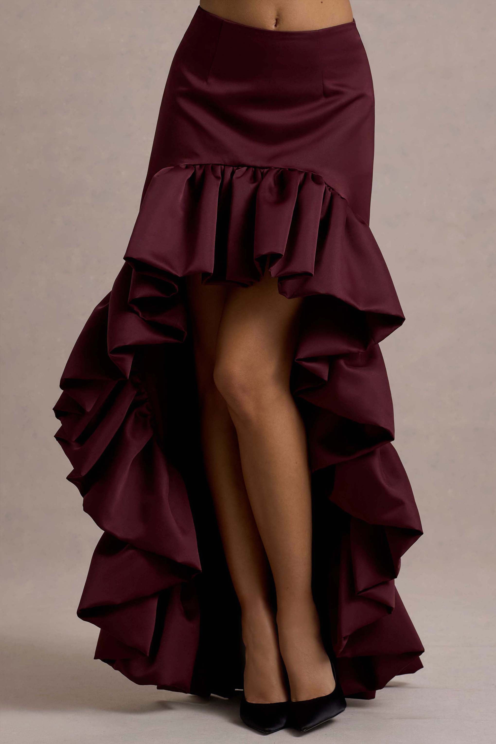 Ruby | Merlot Saten Yüksek-Düşük Maxi Etek
