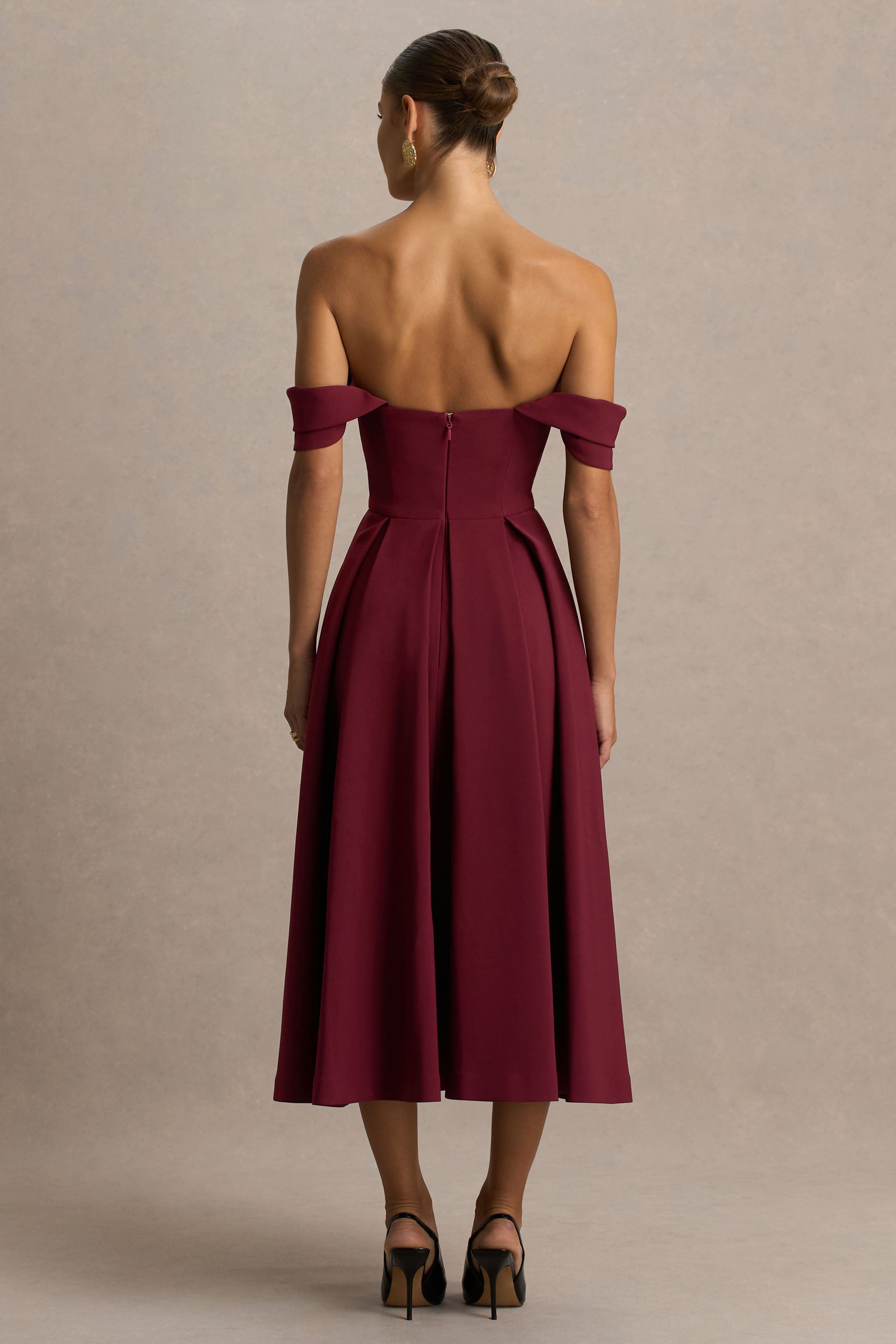Cosima | Bordo Bardot Yaka Midi Elbise
