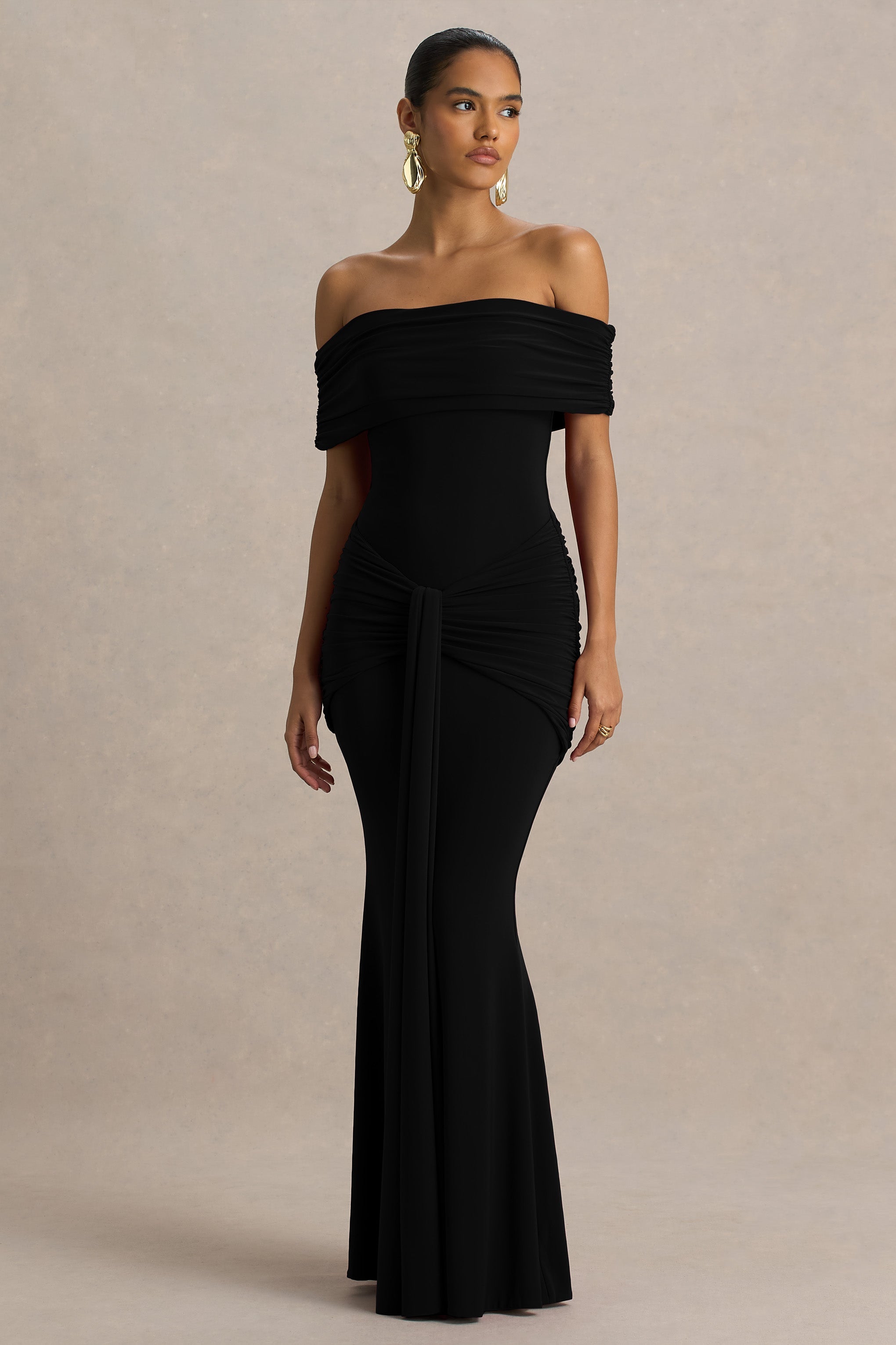 Hayal Edilen | K gathered ve Drape Detaylı Siyah Bardot Yaka Maxi Elbise