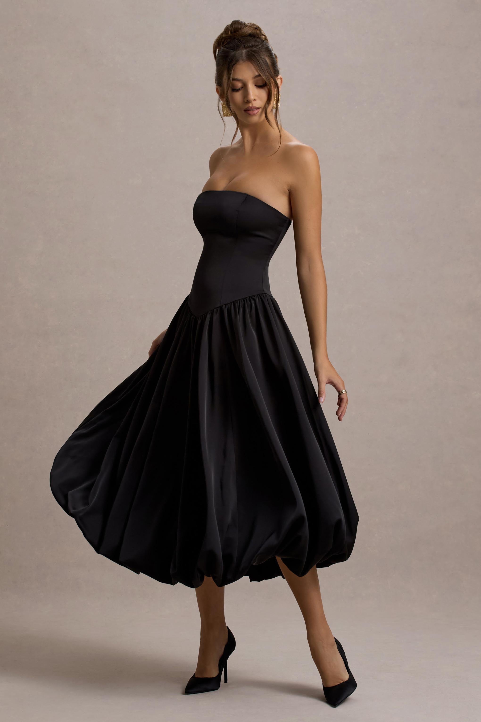 Keyton | Siyah Saten Bandeau Midi Elbise