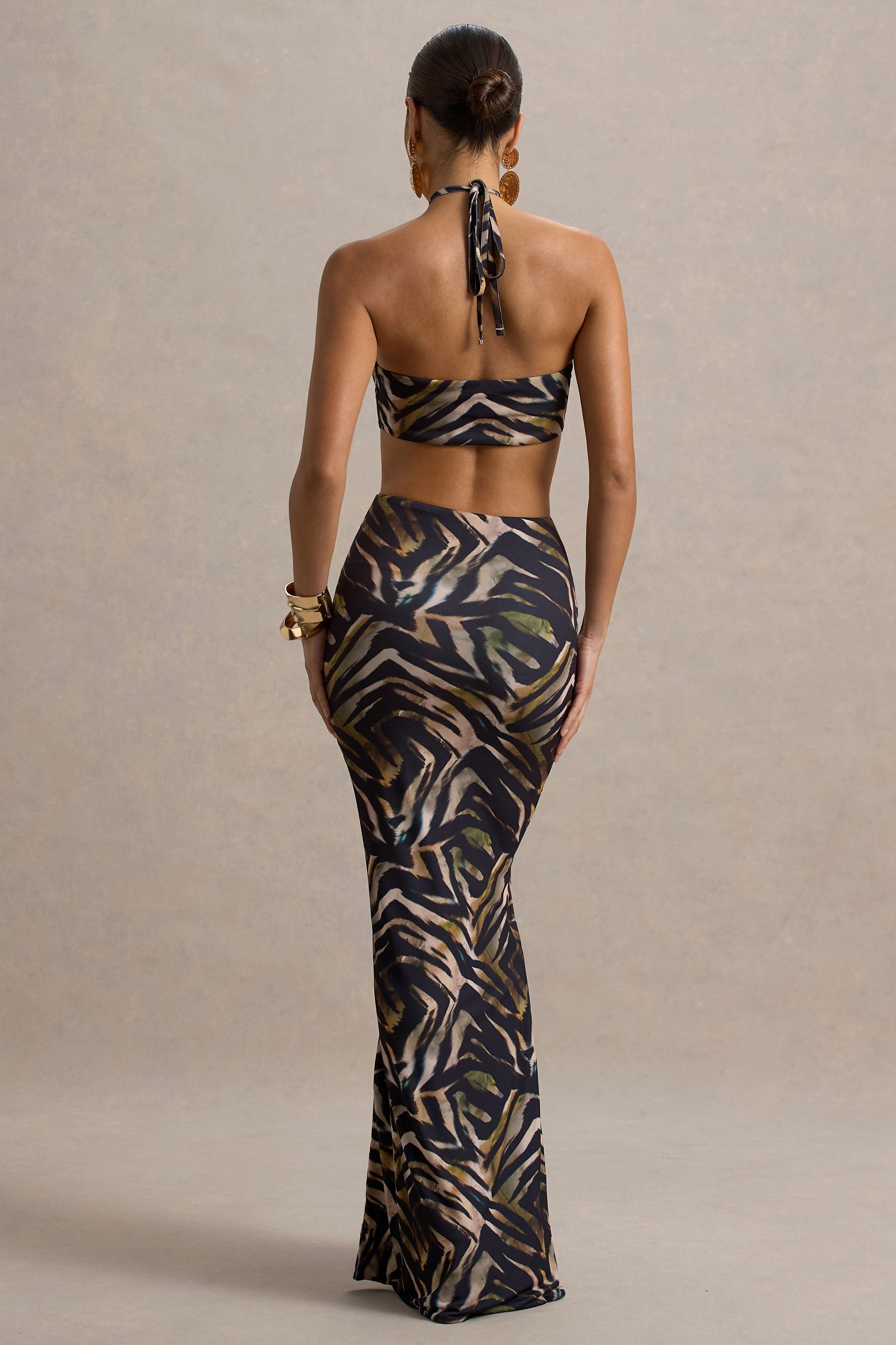 Olina | Zebra Desenli Halter Yaka Kesik Maxi Elbise