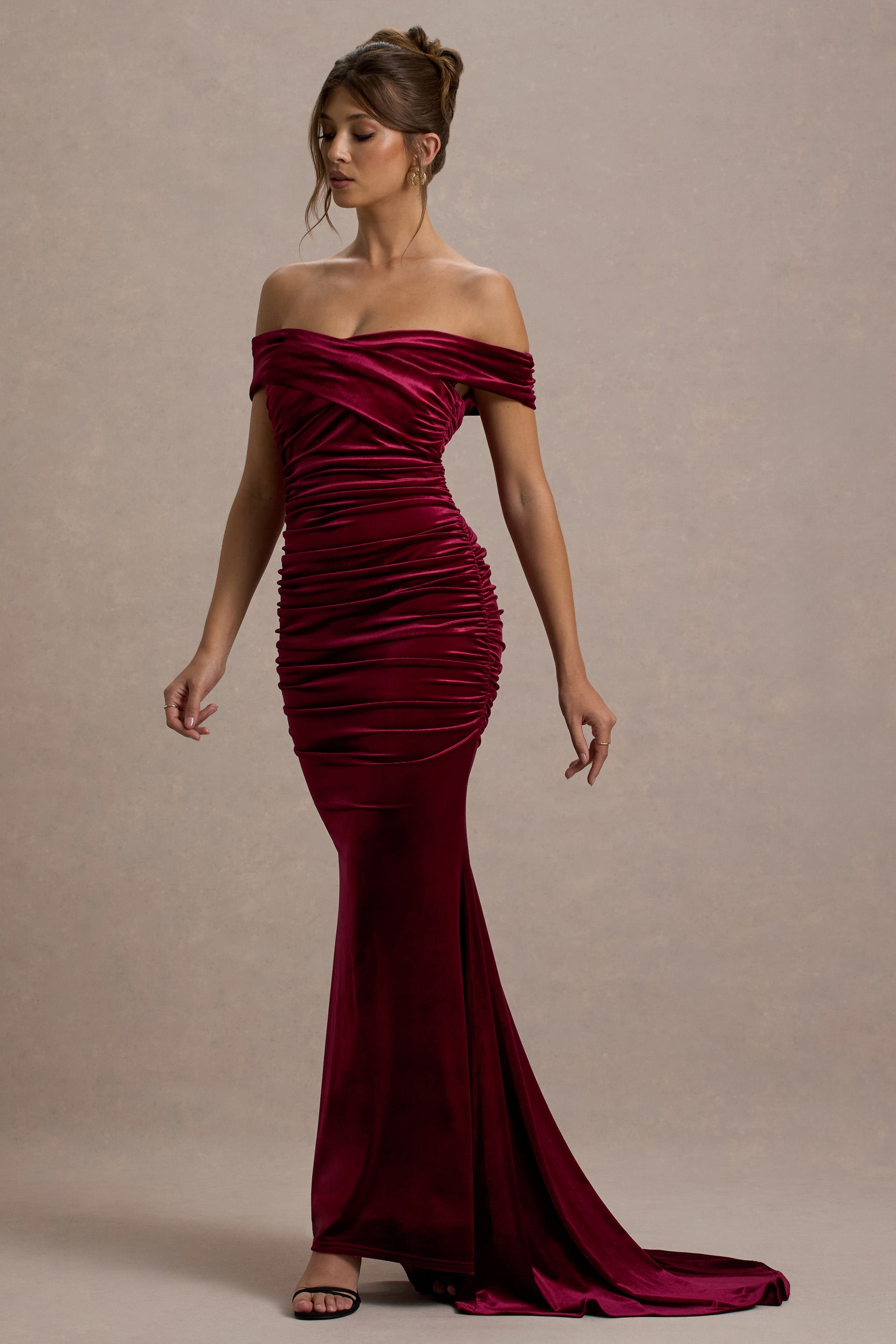 Apolline | Berry Kadife Off The Shoulder Ruchingli Fishtail Maxi Elbise