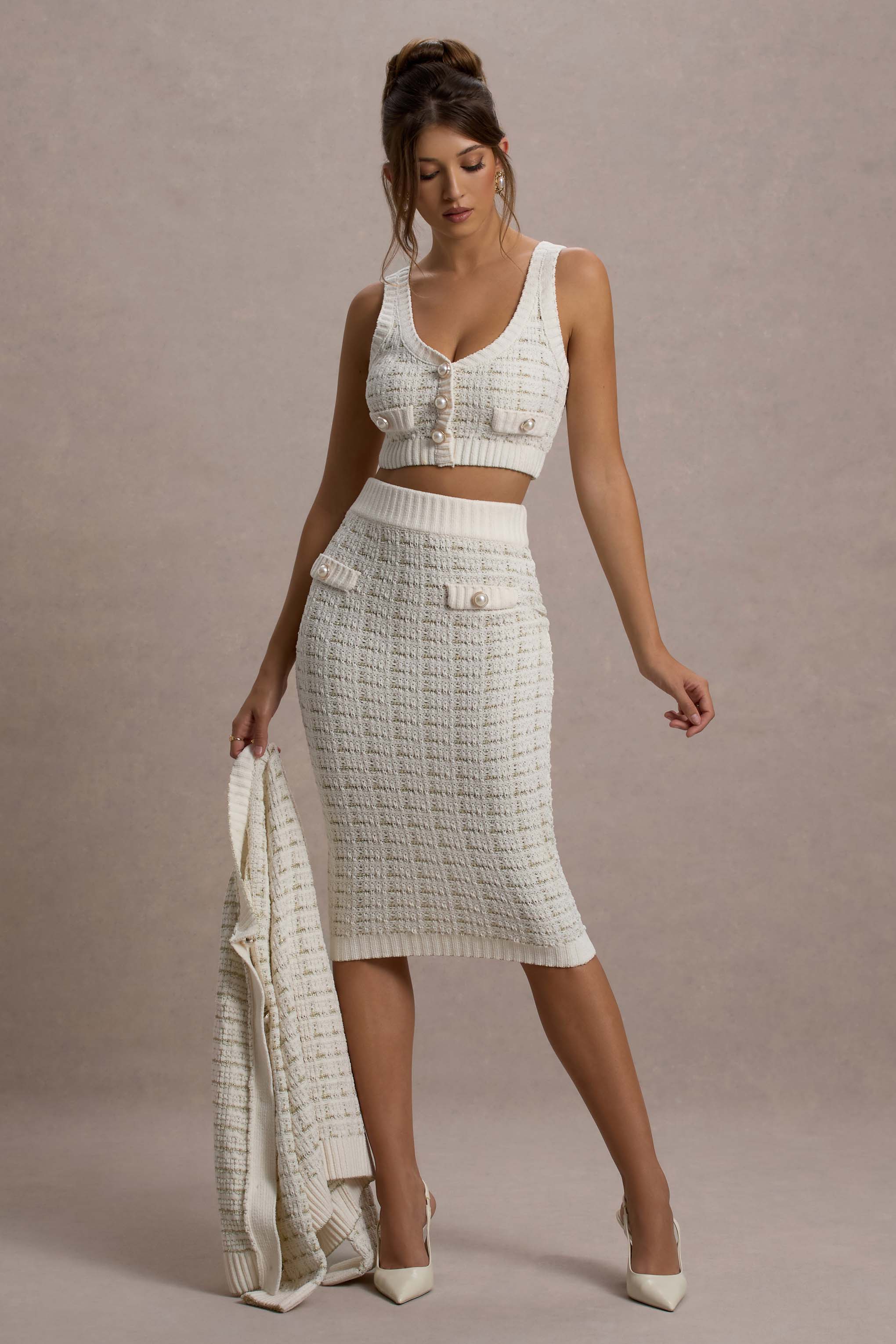 Stellina | Krem Boucle Yüksek Bel Bodycon Midi Etek
