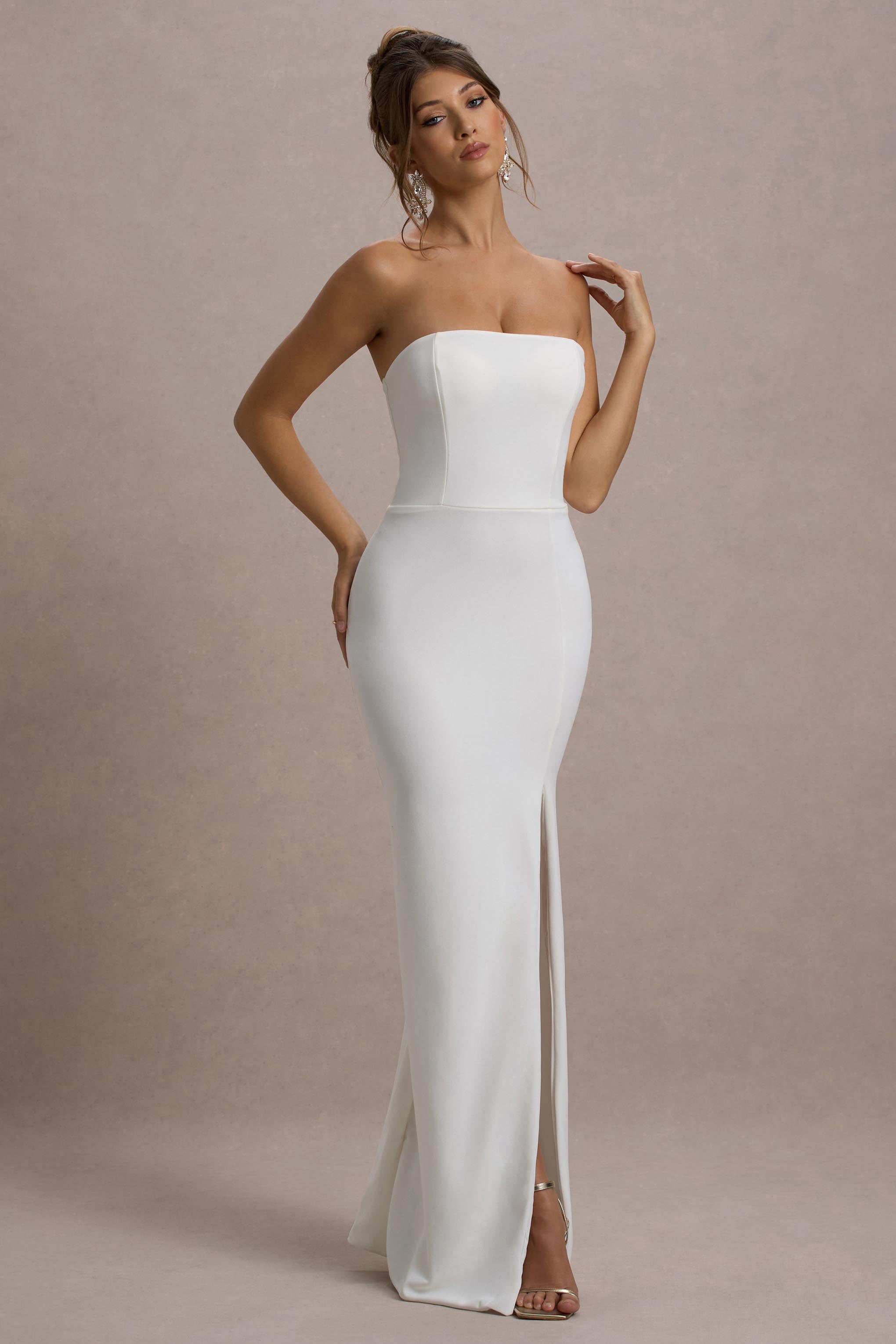 Balodaki Güzel | Yırtmaçlı Beyaz Bandeau Maxi Elbise