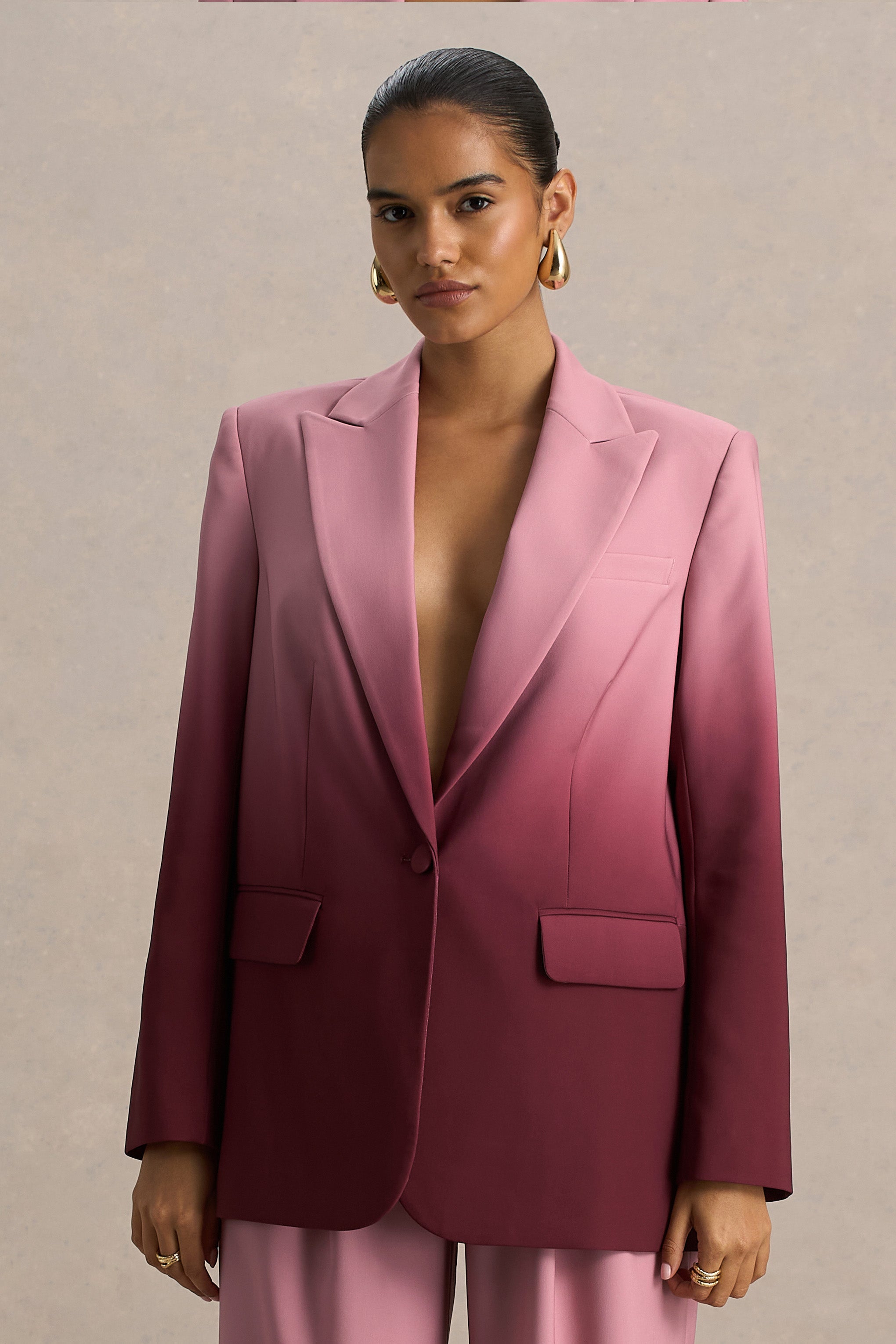 Enya | Kiraz Ombre Derin Yaka Saten Blazer