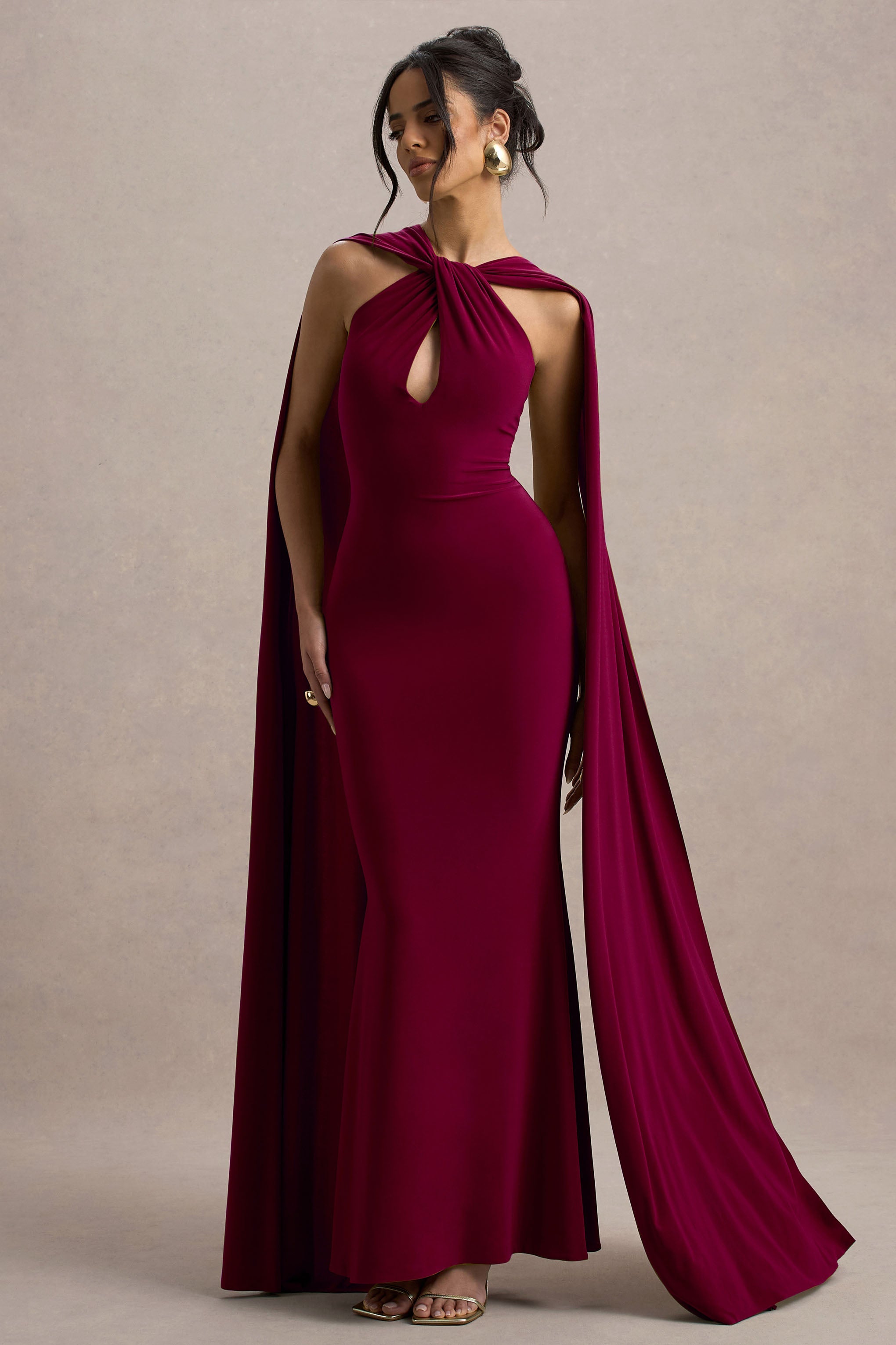 Rhoda | Burgonya Dönüş Halter Yaka Maxi Elbise