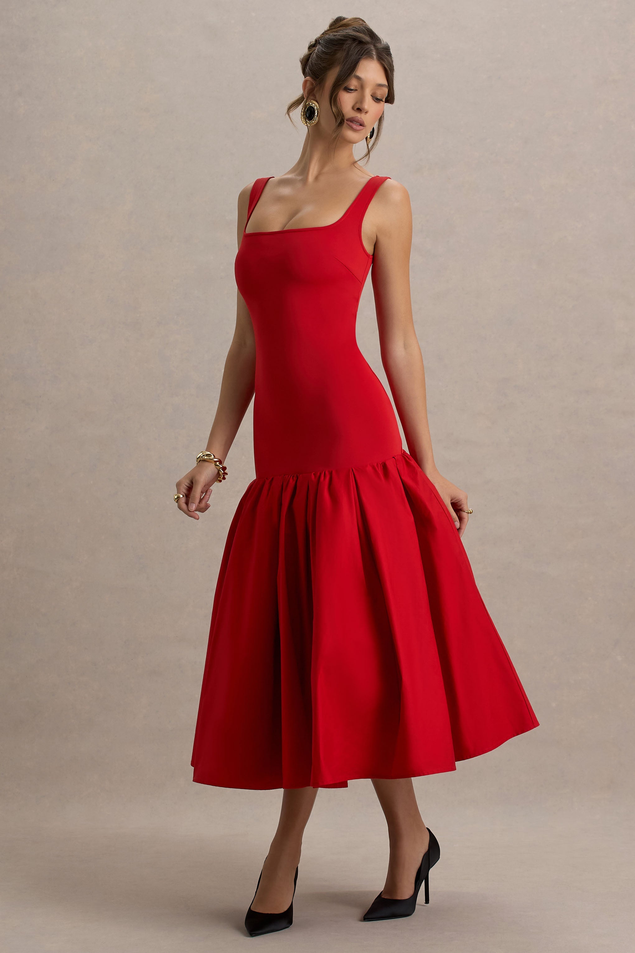 Parida | Peplum Etekli Kırmızı Poplin Midi Elbise