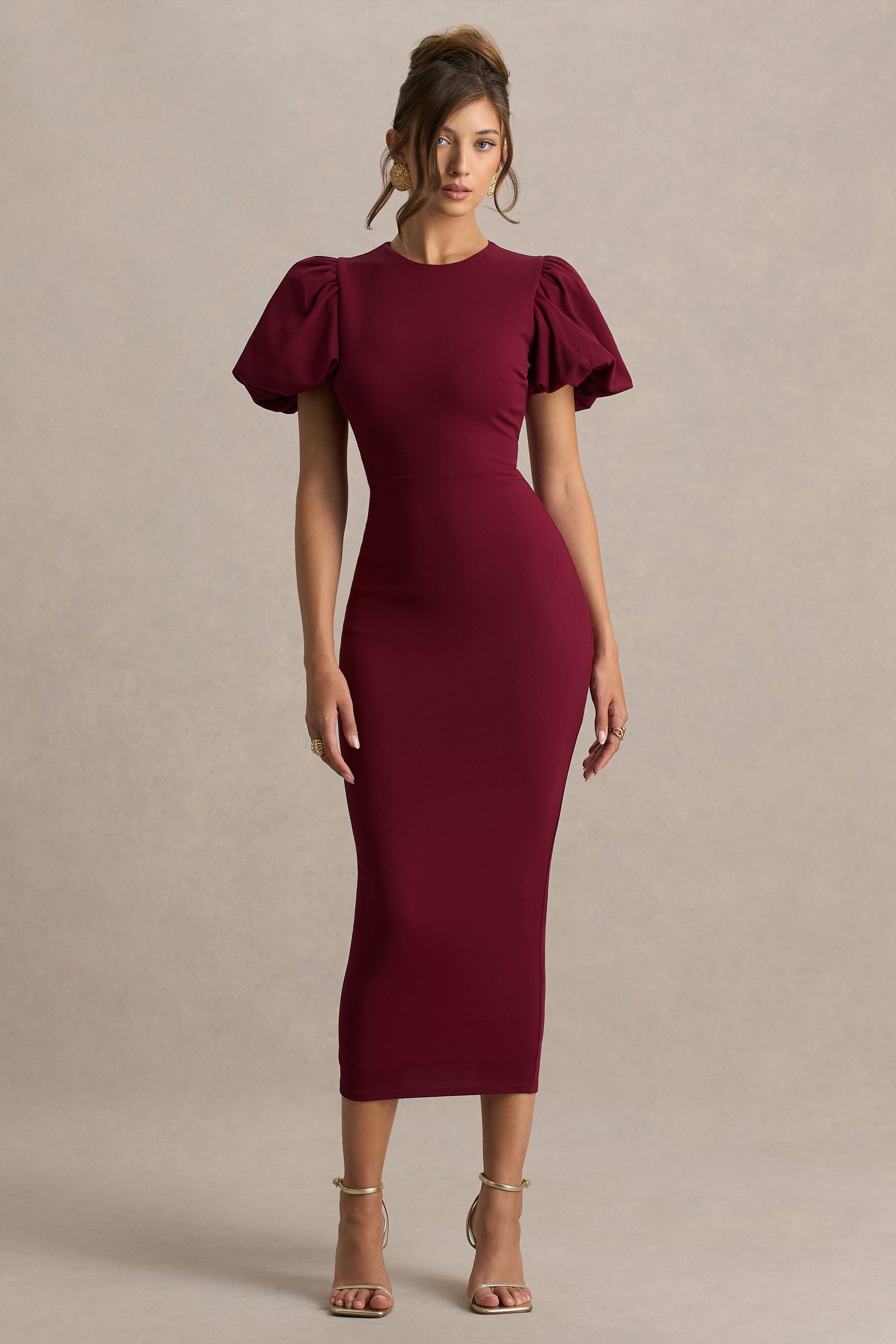 Dakota | Bordo Puff-Sleeve Midi Elbise