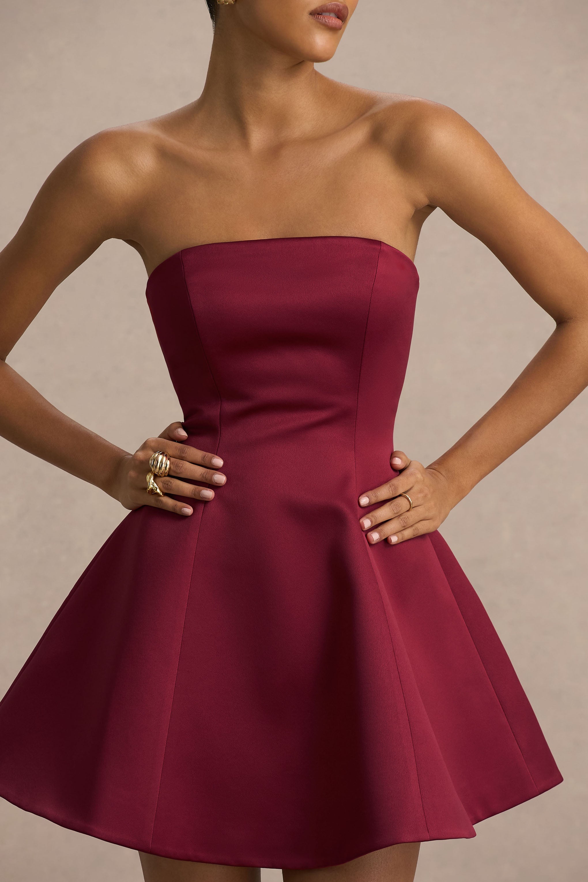Lioray | Bordo Saten Bandeau Yaka A-Line Mini Elbise