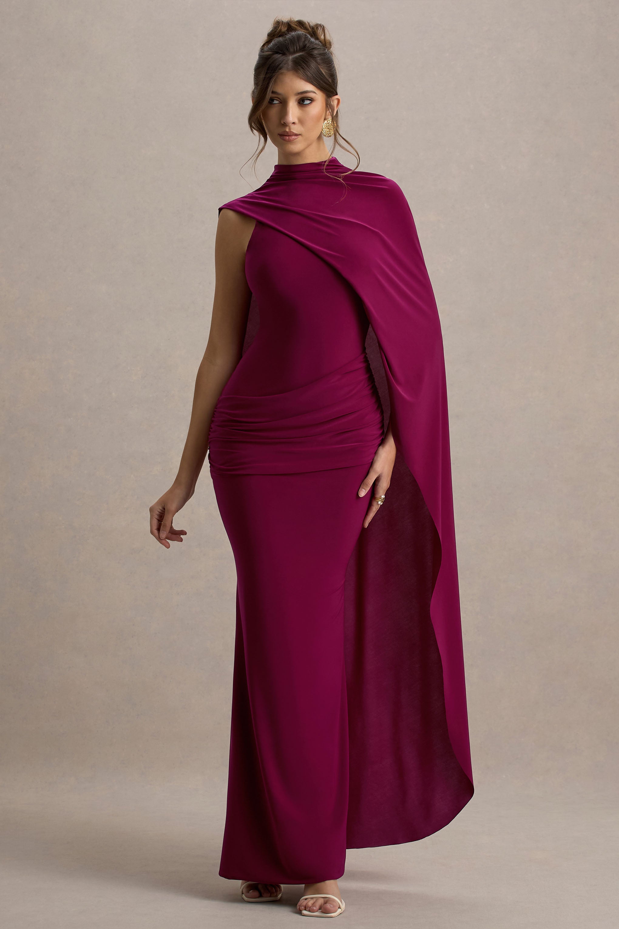 Maeve | Bordo Kape Kollu Drapeli Maxi Elbise