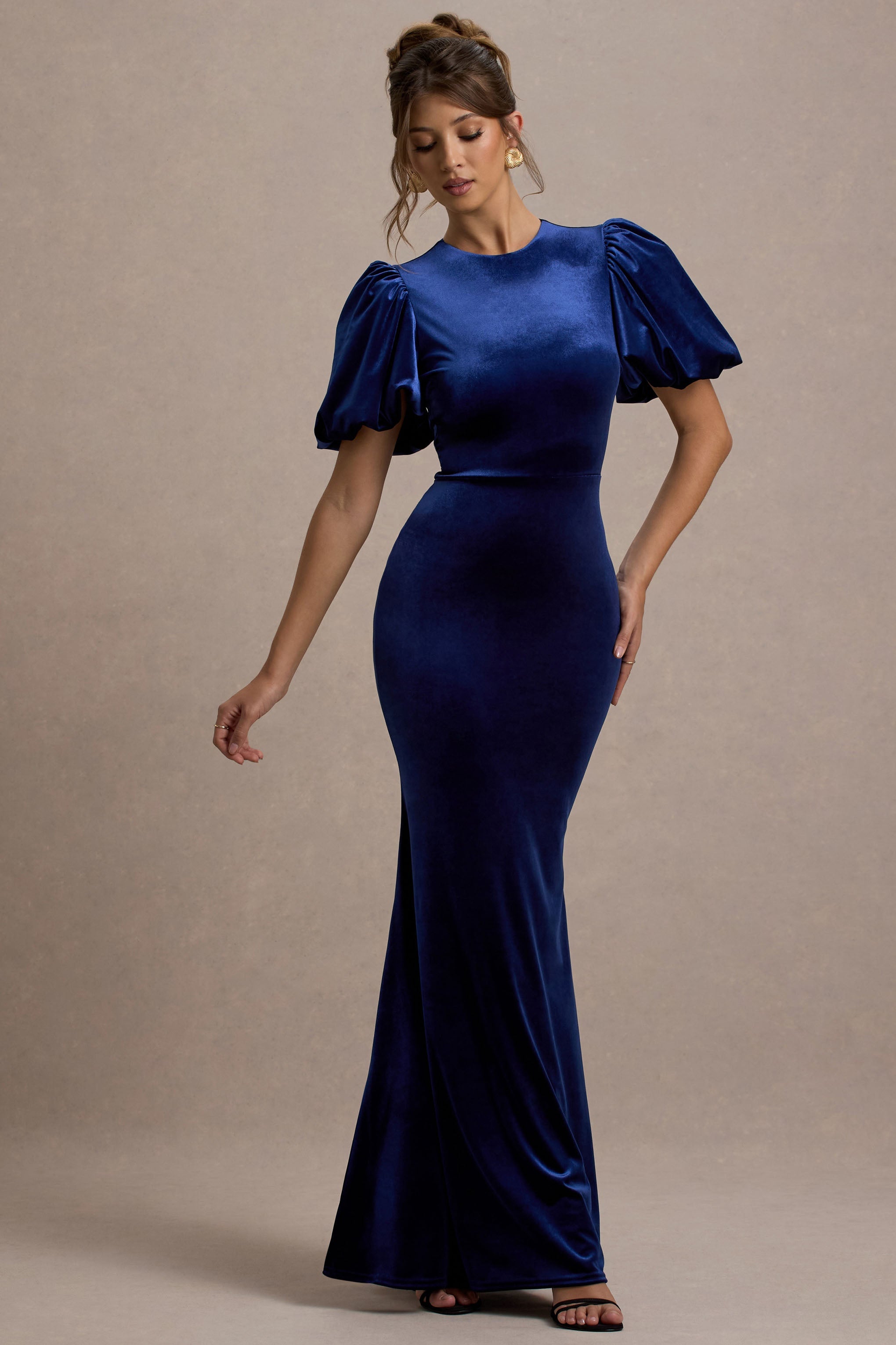 Ashlin | Lacivert Kadife Puff-Sleeve Maxi Elbise