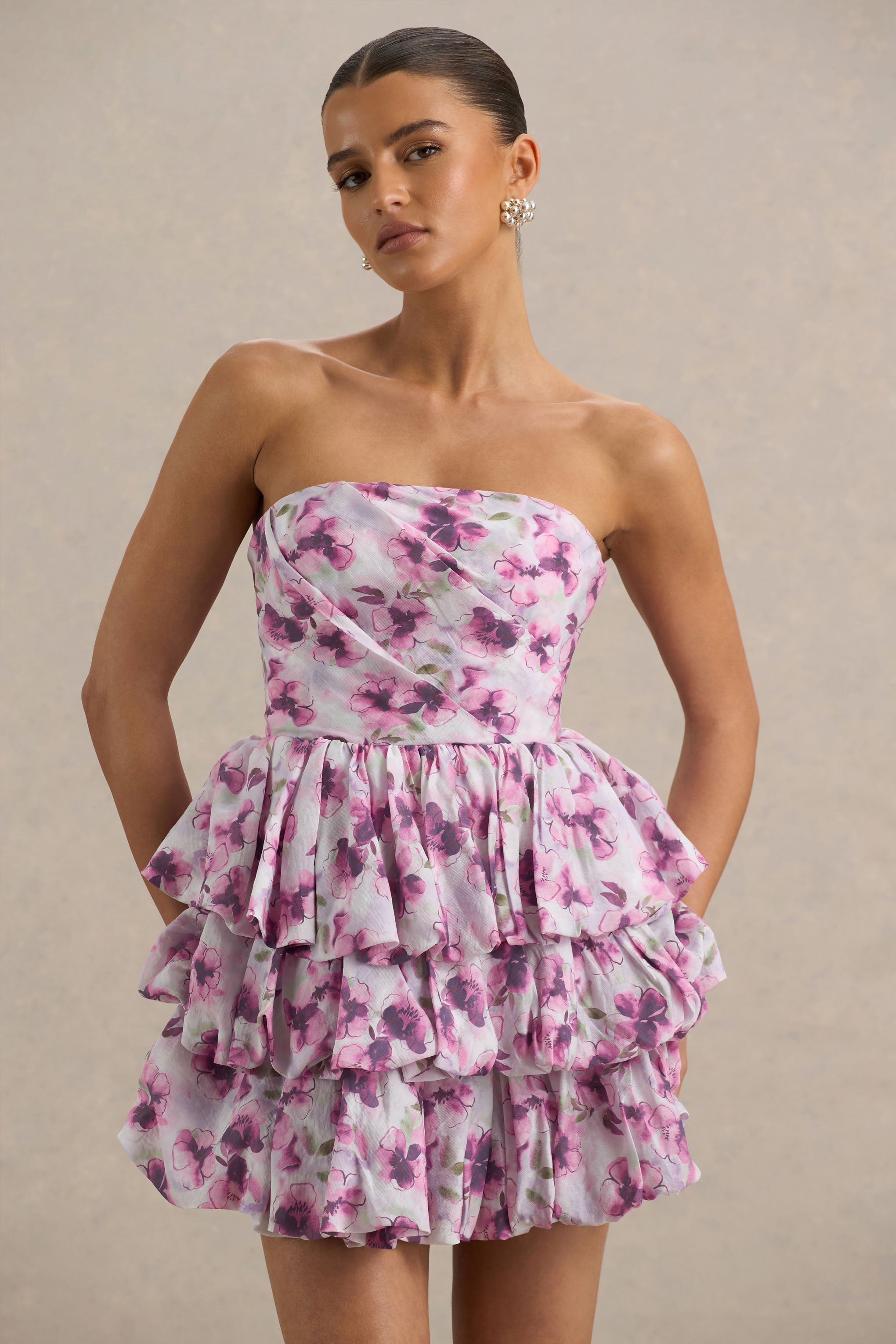 Swirl | Fırfırlı Detaylı Krem Çiçek Desenli Bandeau Puffball Mini Elbise