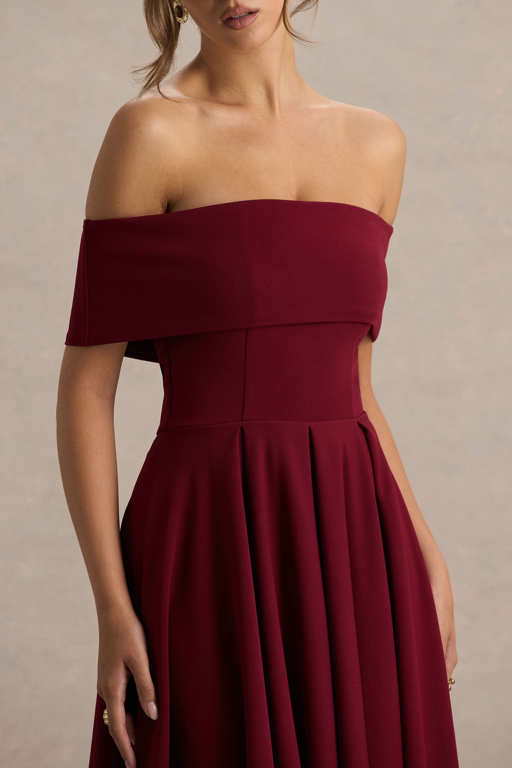 Isabella | Bordo Bardot Yaka Midi Elbise