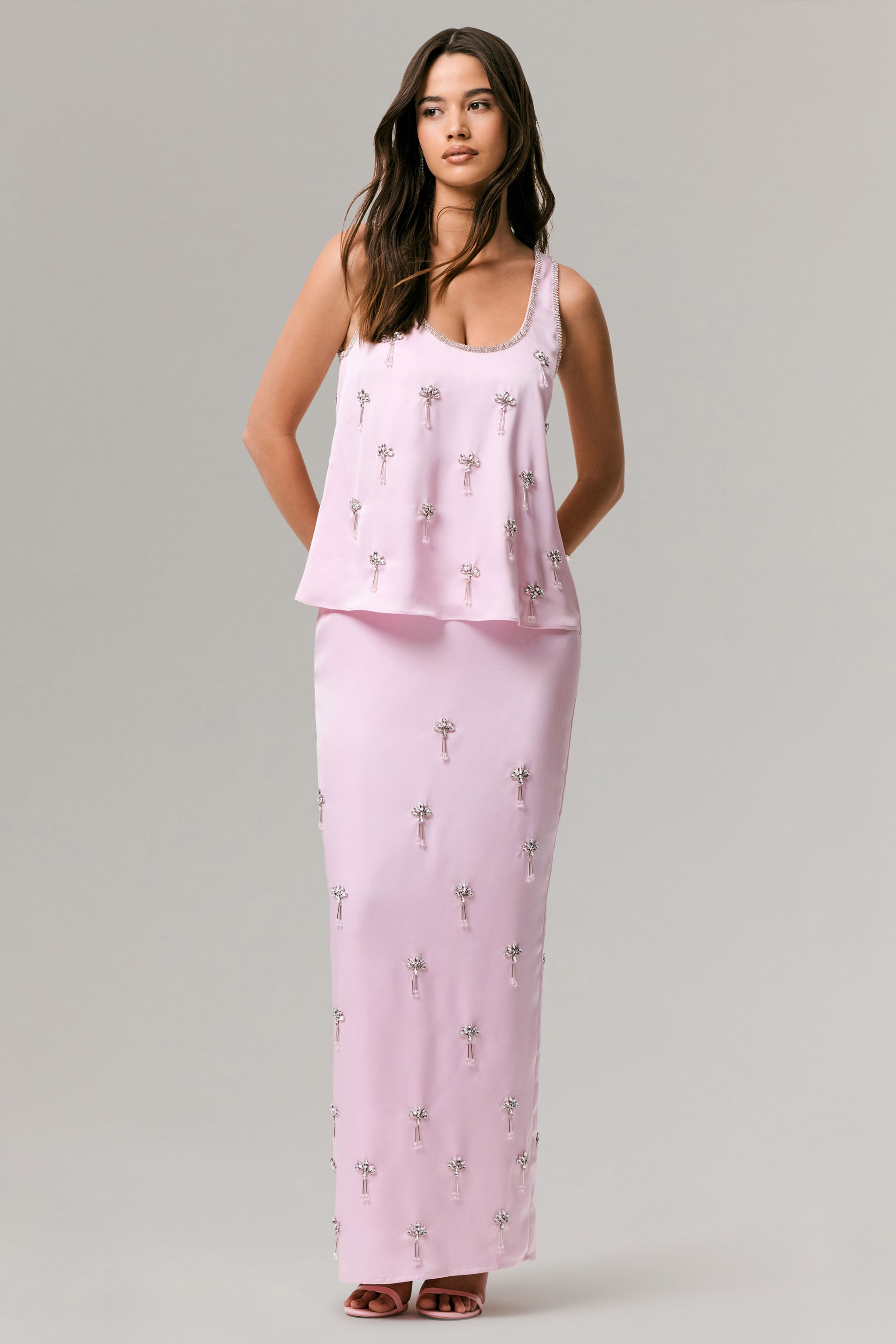 Lena | Pembe Saten Süslemeli Maxi Etek