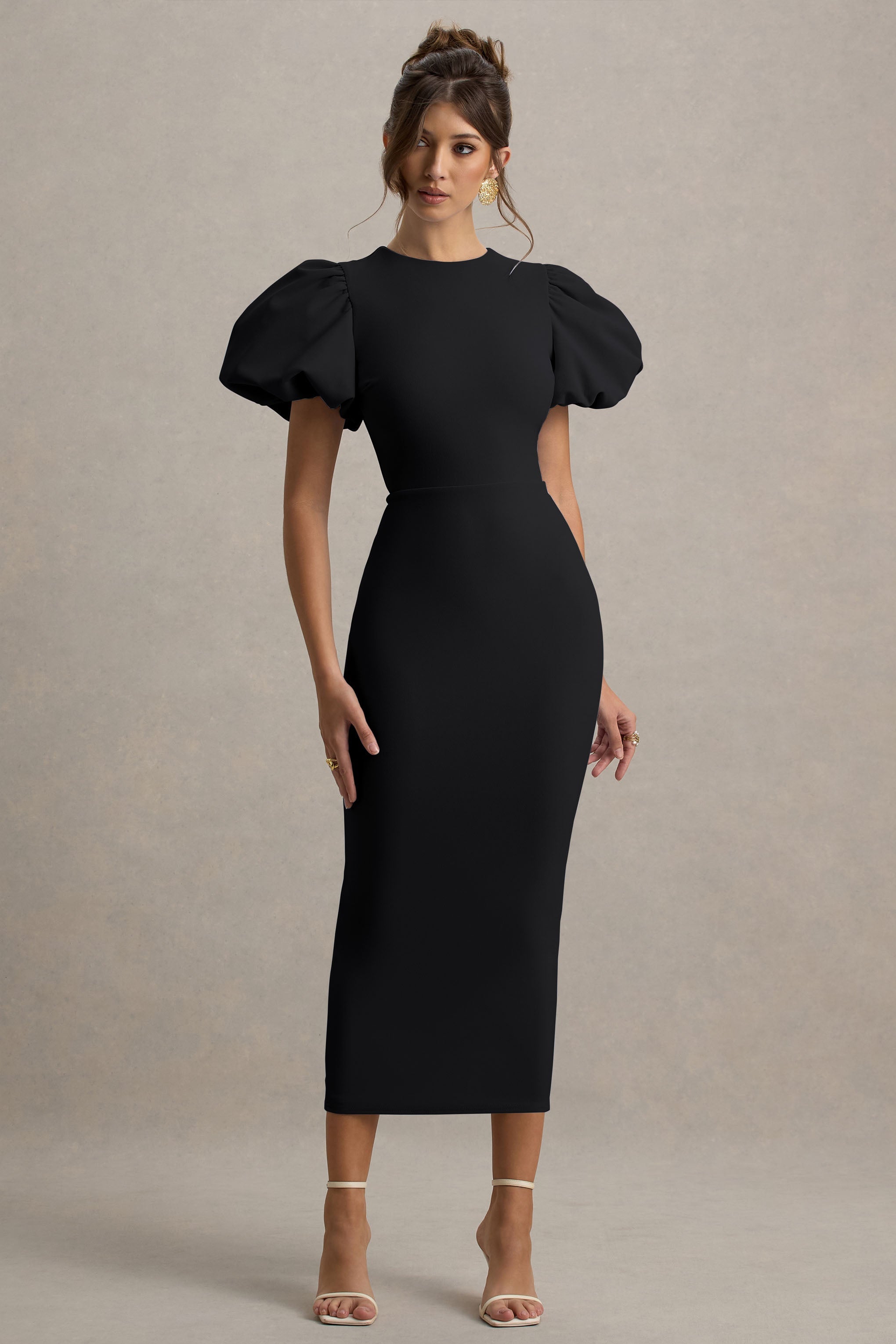 Dakota | Siyah Puf Kolu Midi Elbise
