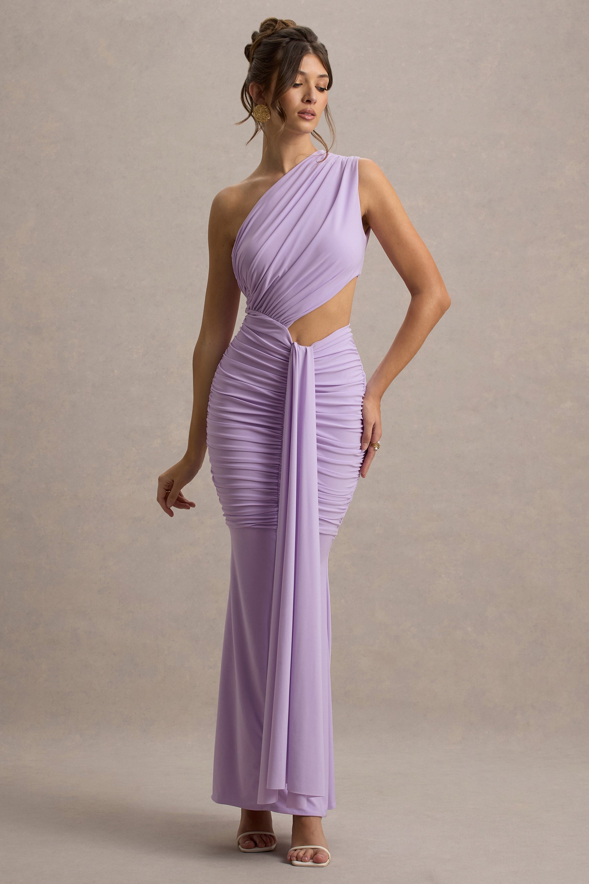 Beline | Drapeli Lavanta Renkli Tek Omuz Cut-Out Maxi Elbise