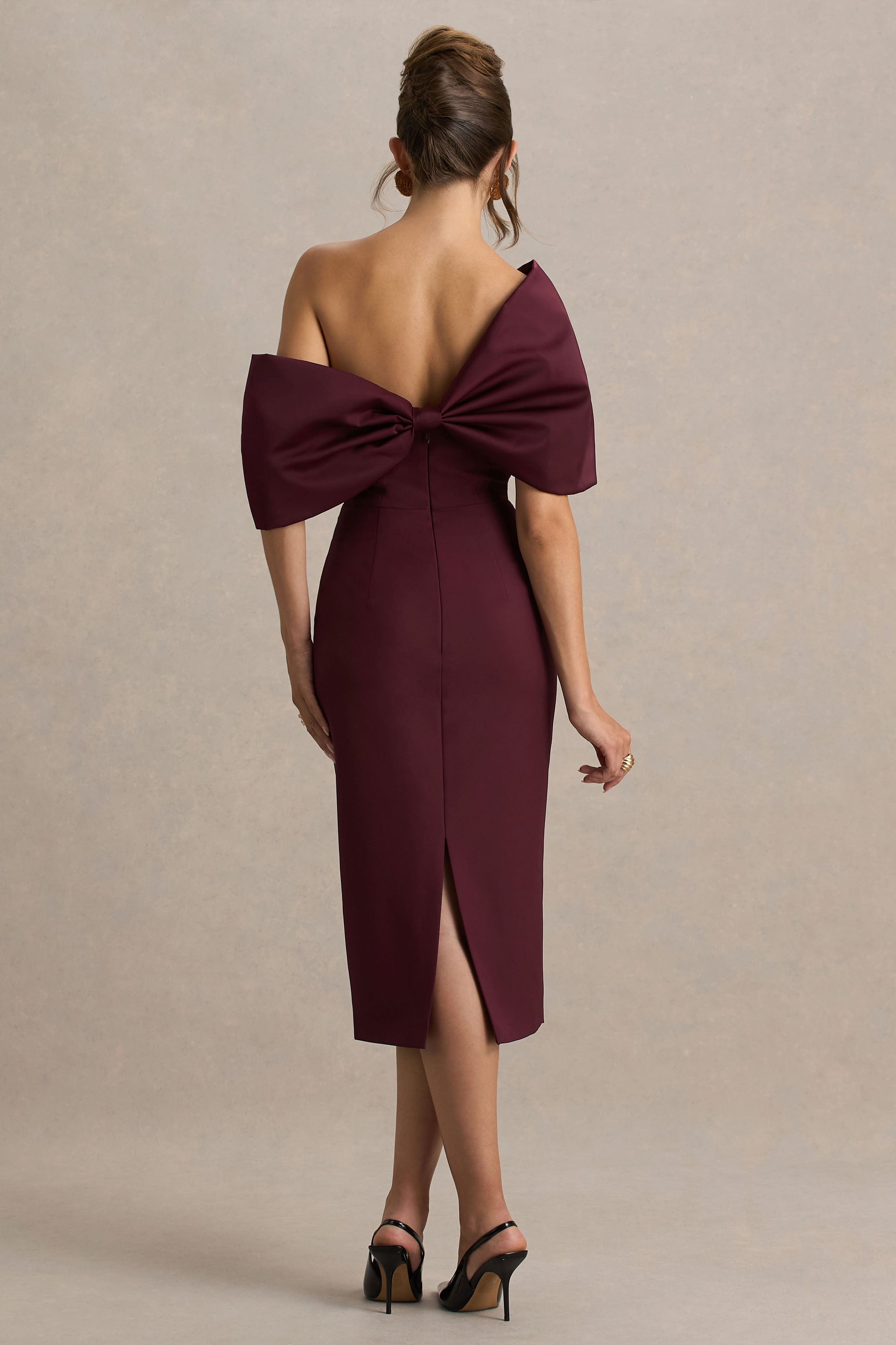 Lucille | Bordo Asimetrik Bardot Midi Elbise