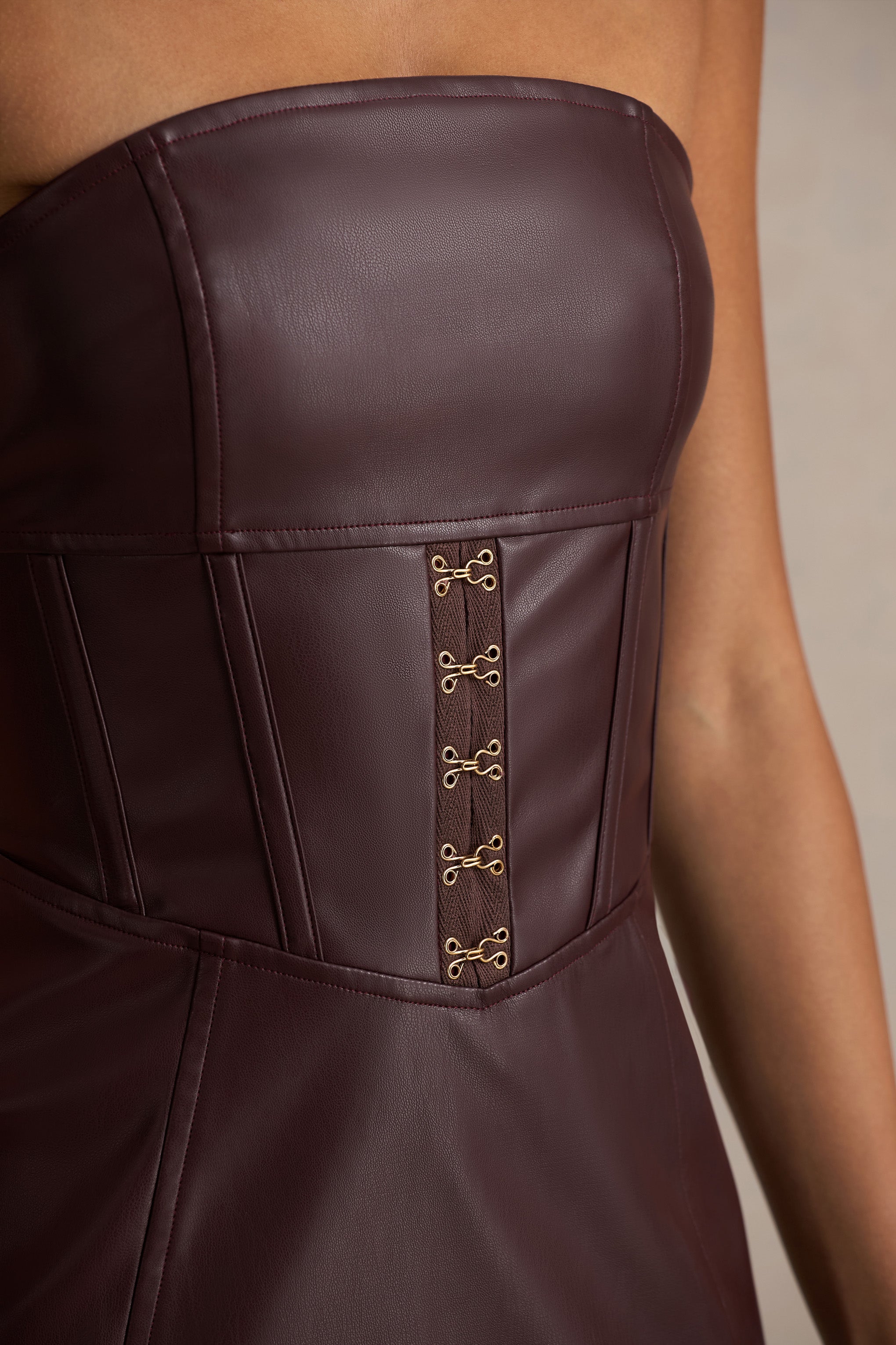 Zola | Bordo Suni Deri Bandeau Midi Elbise