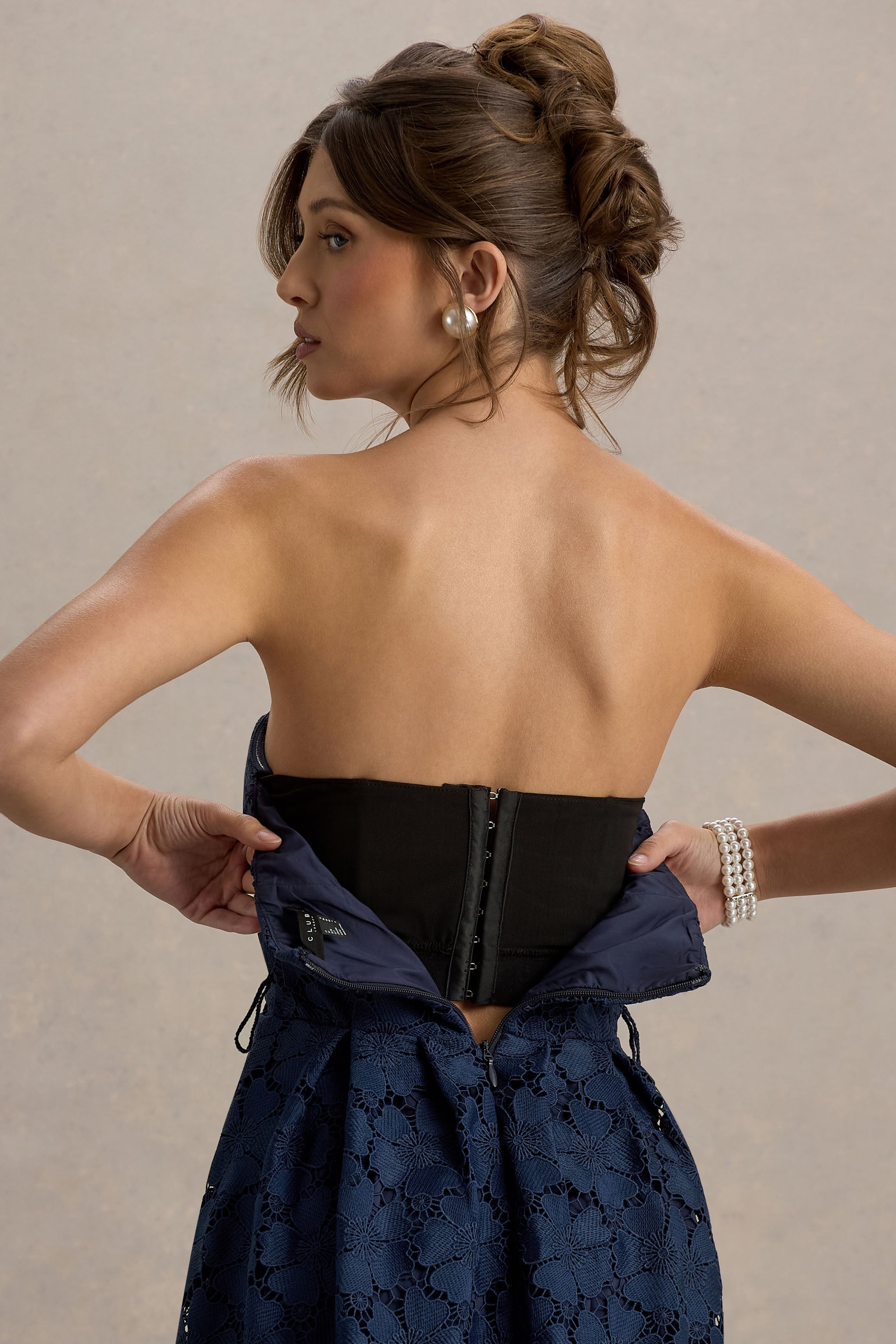 Shania | Lacivert Dantel Bandeau Skater Midi Elbise