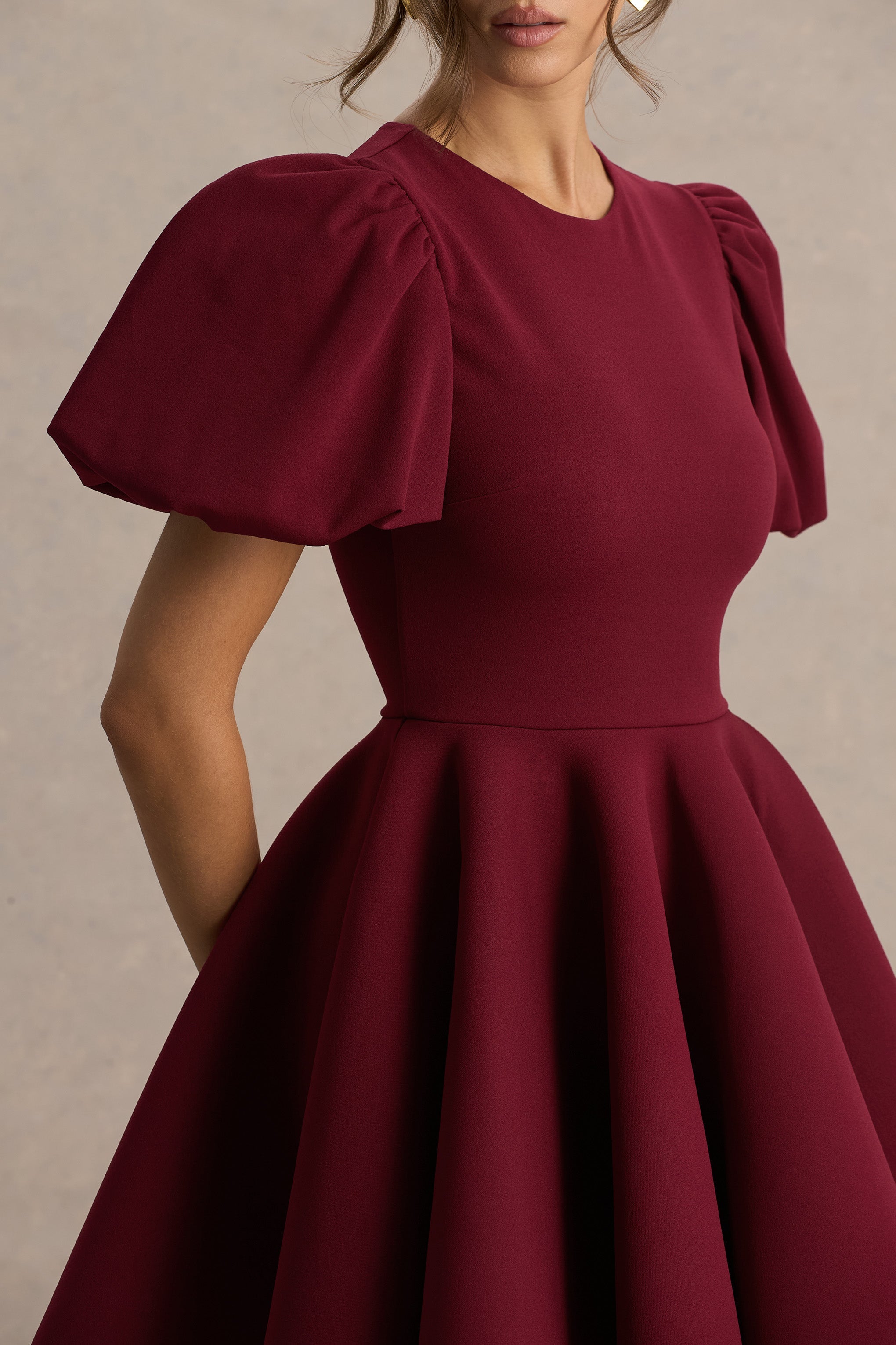 Emelia | Bordo Puff-Sleeve Skater Mini Elbise