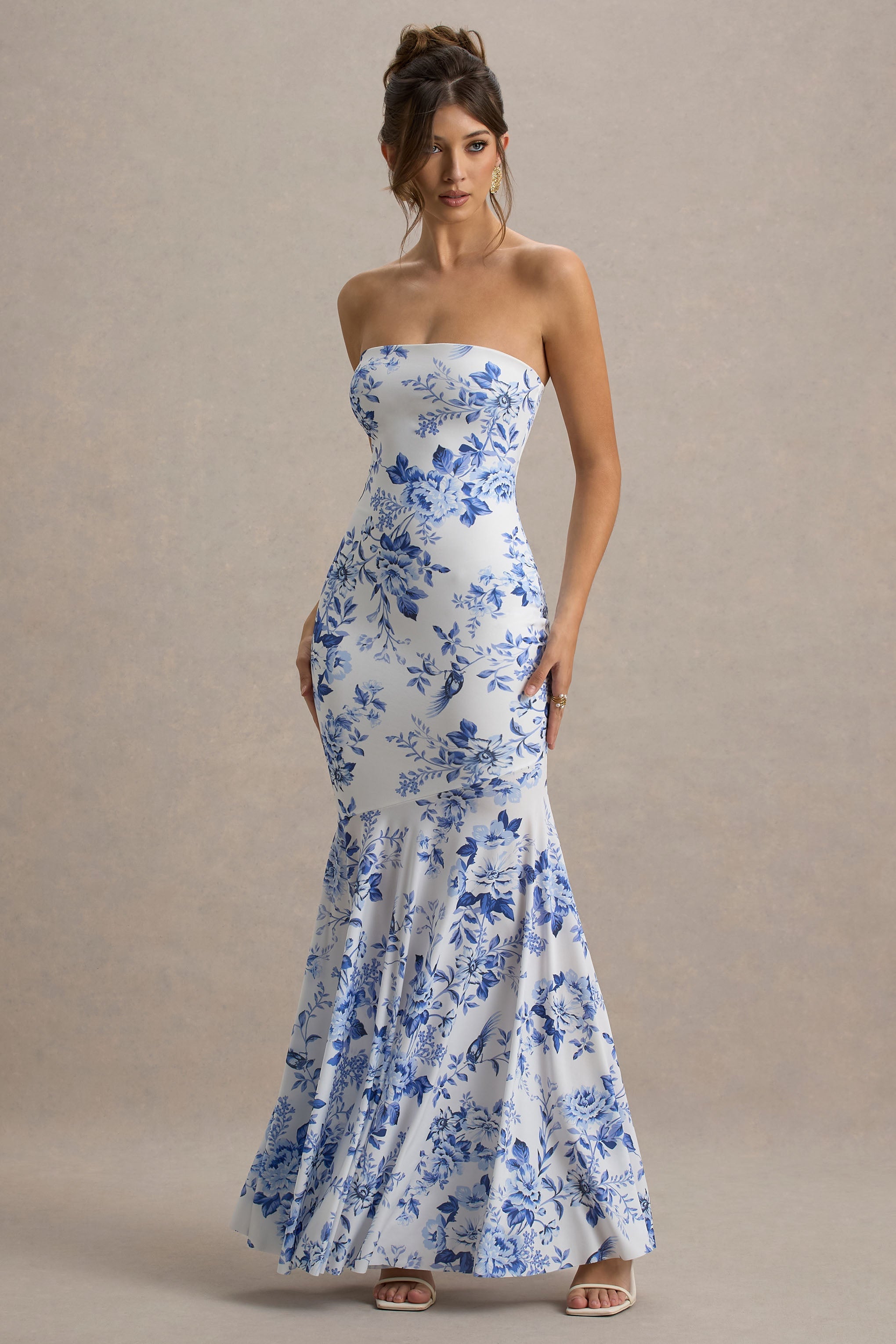Callie | Mavi Porselen Desenli Bandeau Kuyruklu Maxi Elbise