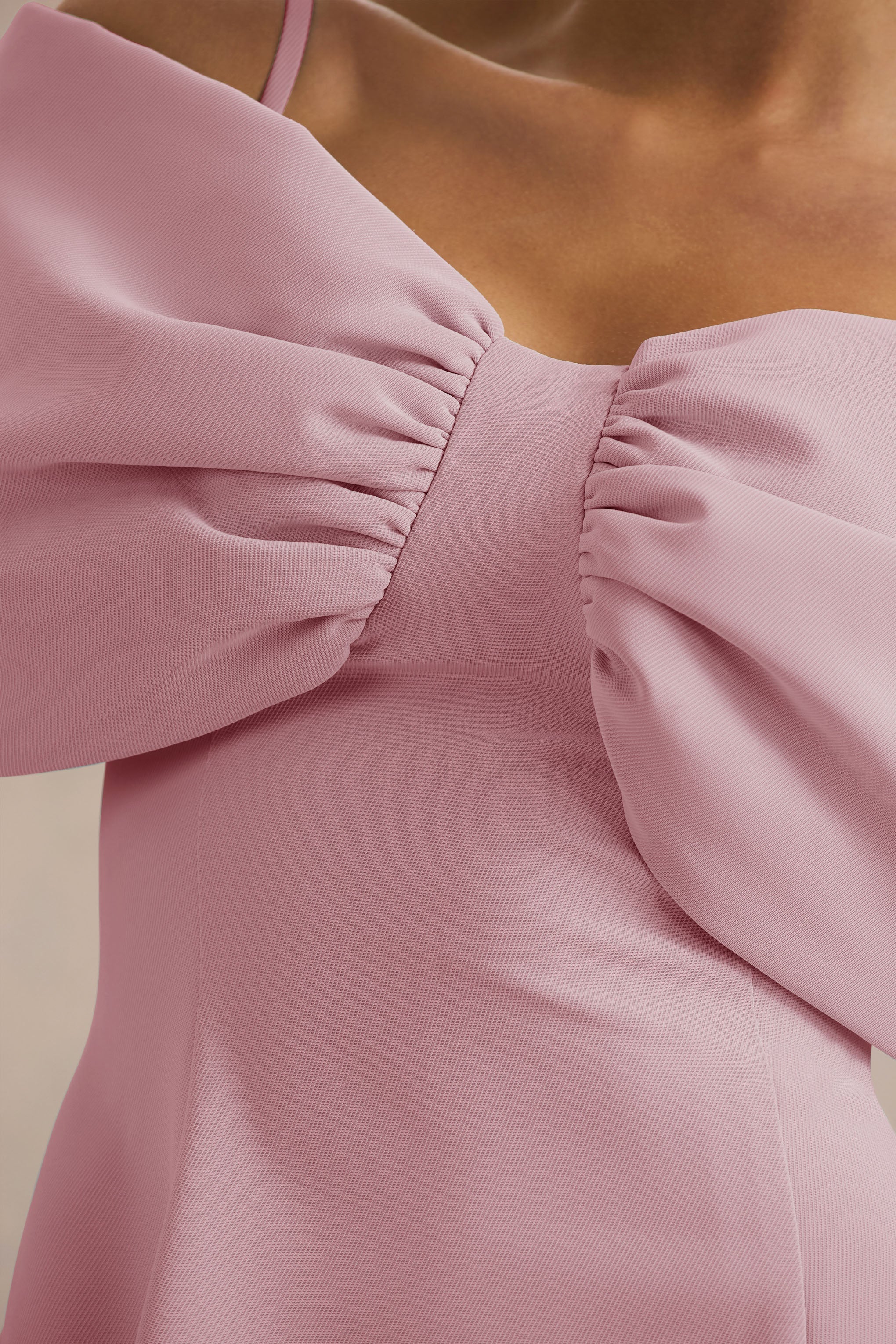 Faria | Fiyonklu Detaylı Açık Pembe Kısa Kollu Bardot Mini Elbise