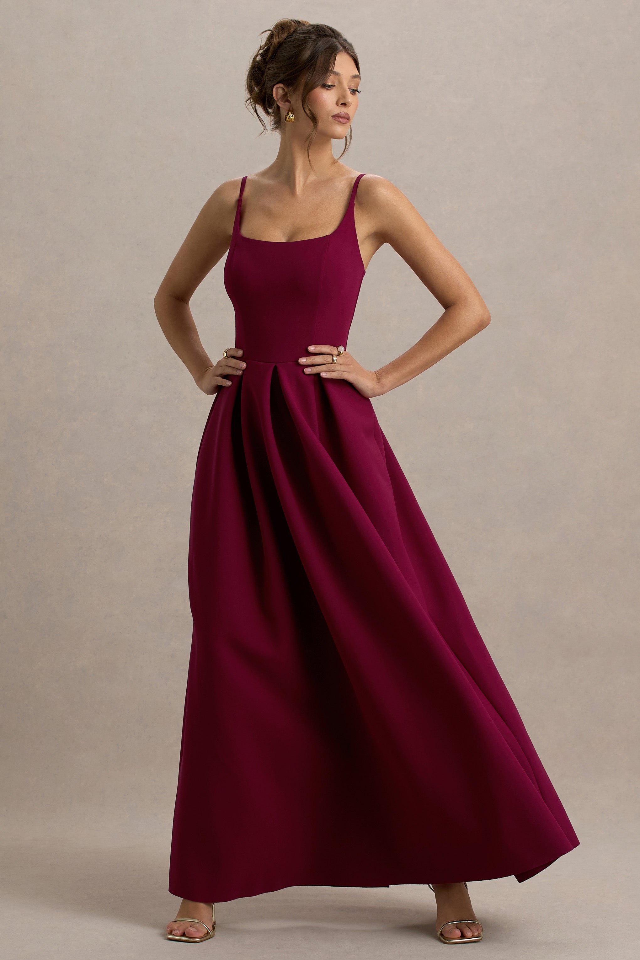 Bambina | Bordo Scoop-Yaka Plise Maxi Elbise