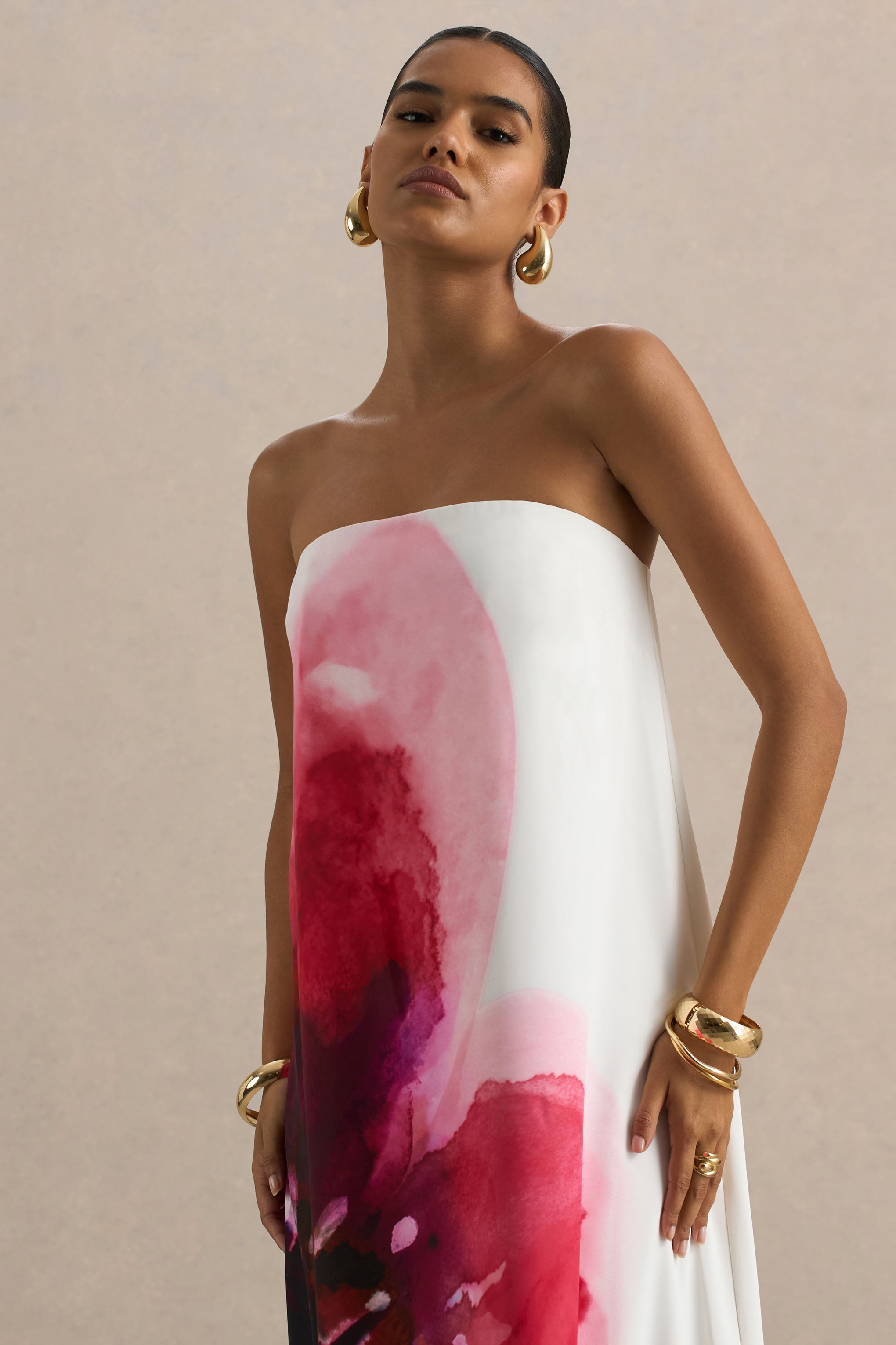 Breonna | Parlak Pembe Çiçek Desenli Bandeau Maxi Elbise