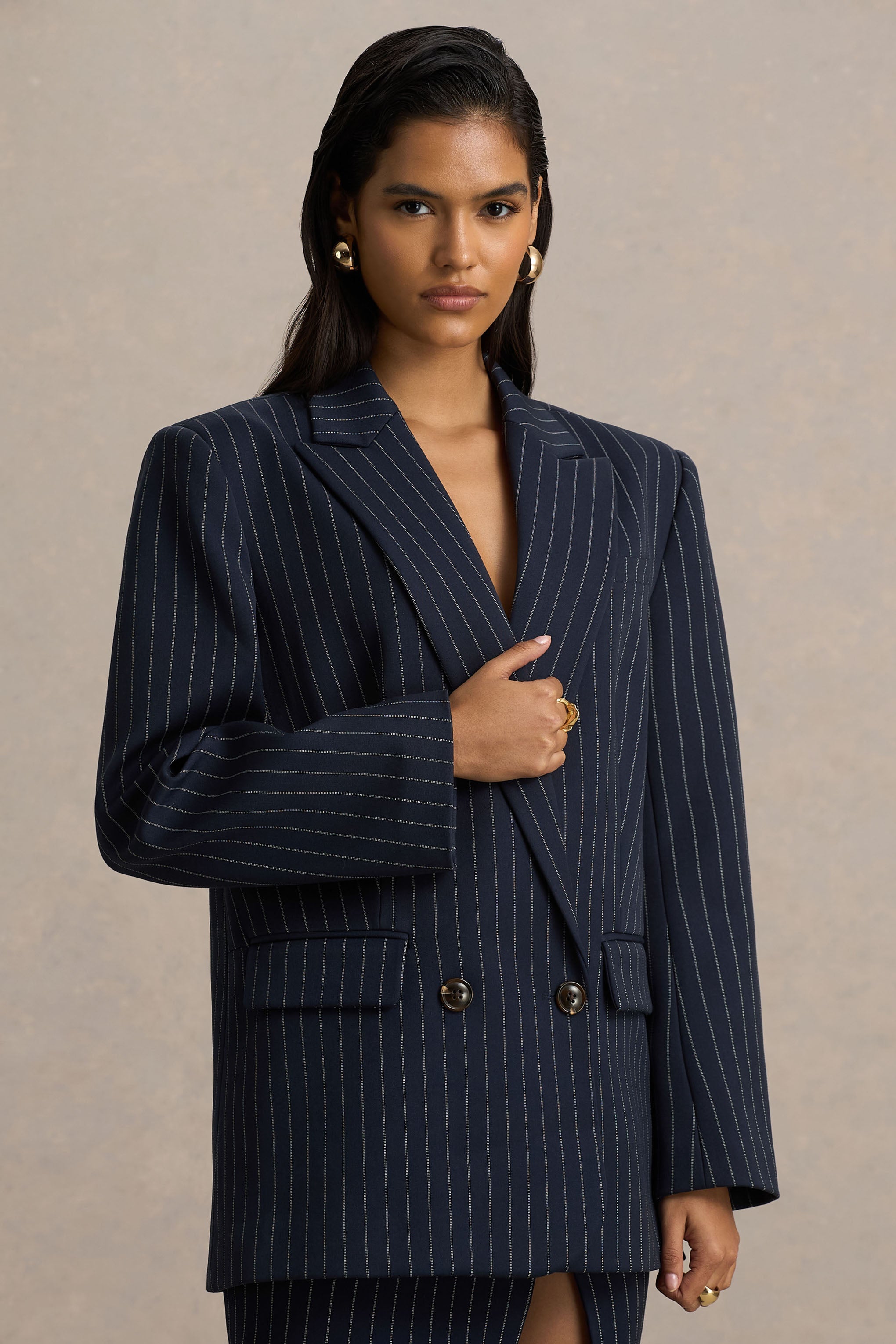 Alana | Lacivert Çizgili Derin Yaka Kesim Blazer