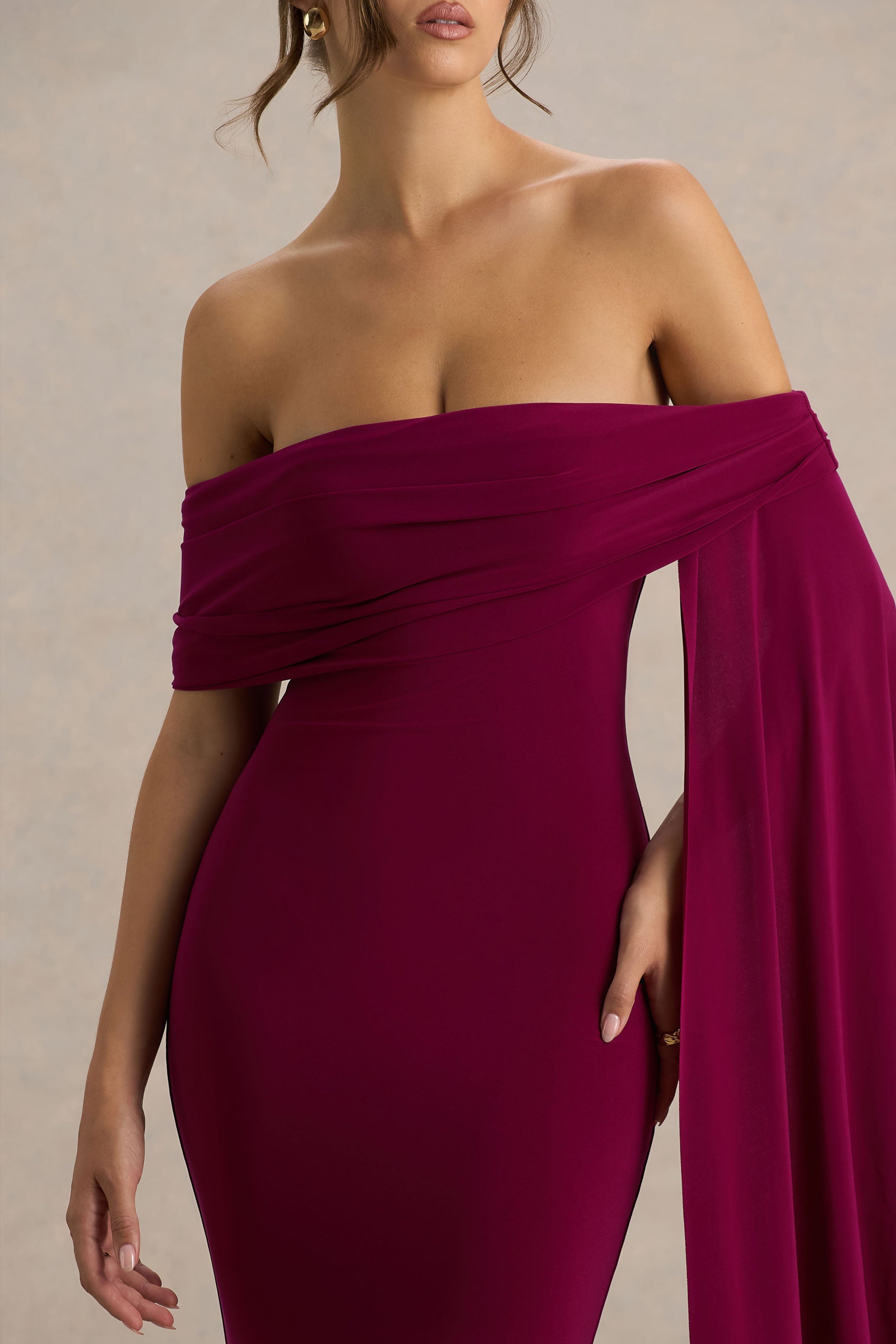 Saffina | Sash Detaylı Bordo Bardot Yaka Maxi Elbise
